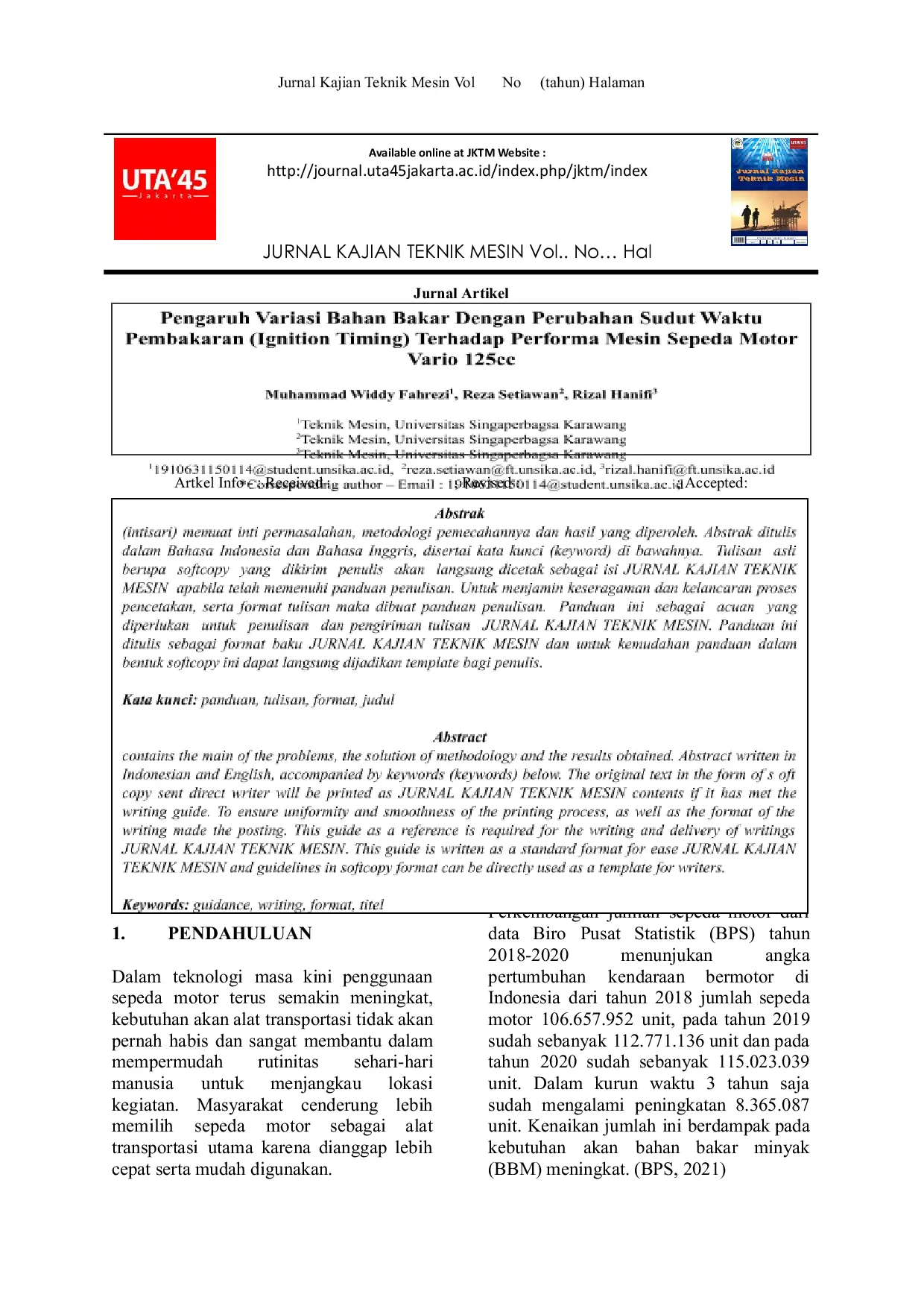 JURIS Pengaruh Variasi Bahan Bakar dengan Perubahan Sudut Waktu Pembakaran Ignation Timing terhadap performa Mesin Sepeda Motor Vario 125 cc