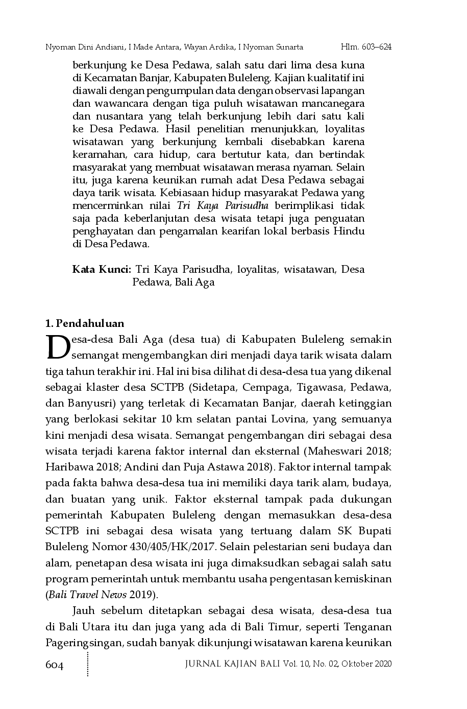 juris Peran Nilai Hindu Tri Kaya Parisudha dalam Peningkatan Loyalitas Wisatawan Terhadap Desa Wisata Pedawa Bali Utara