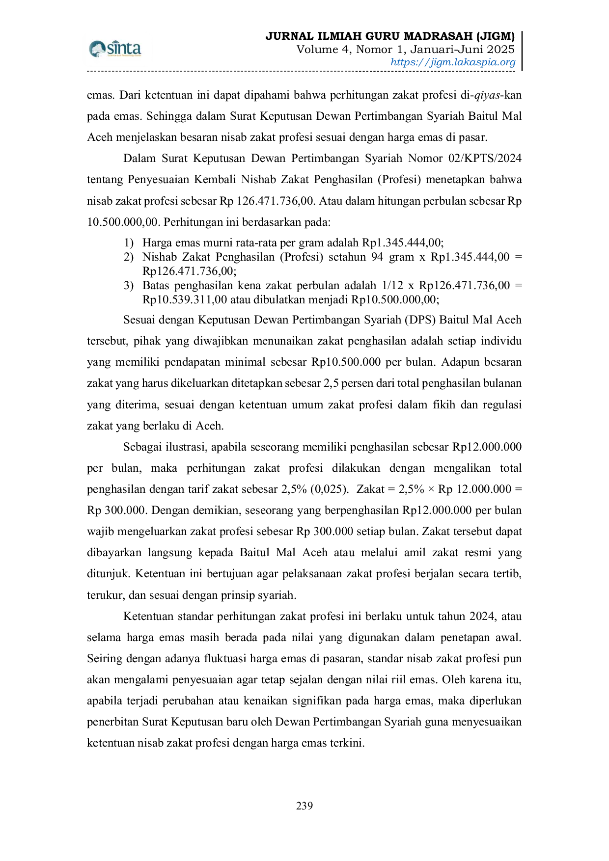 JURIS Analisis Standar Perhitungan Zakat Profesi pada Baitul Mal Aceh