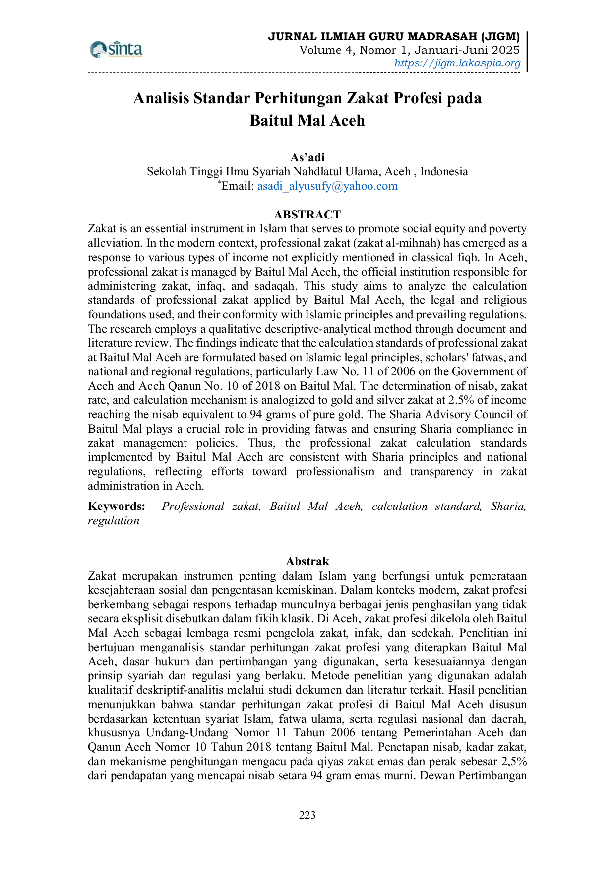 JURIS Analisis Standar Perhitungan Zakat Profesi pada Baitul Mal Aceh