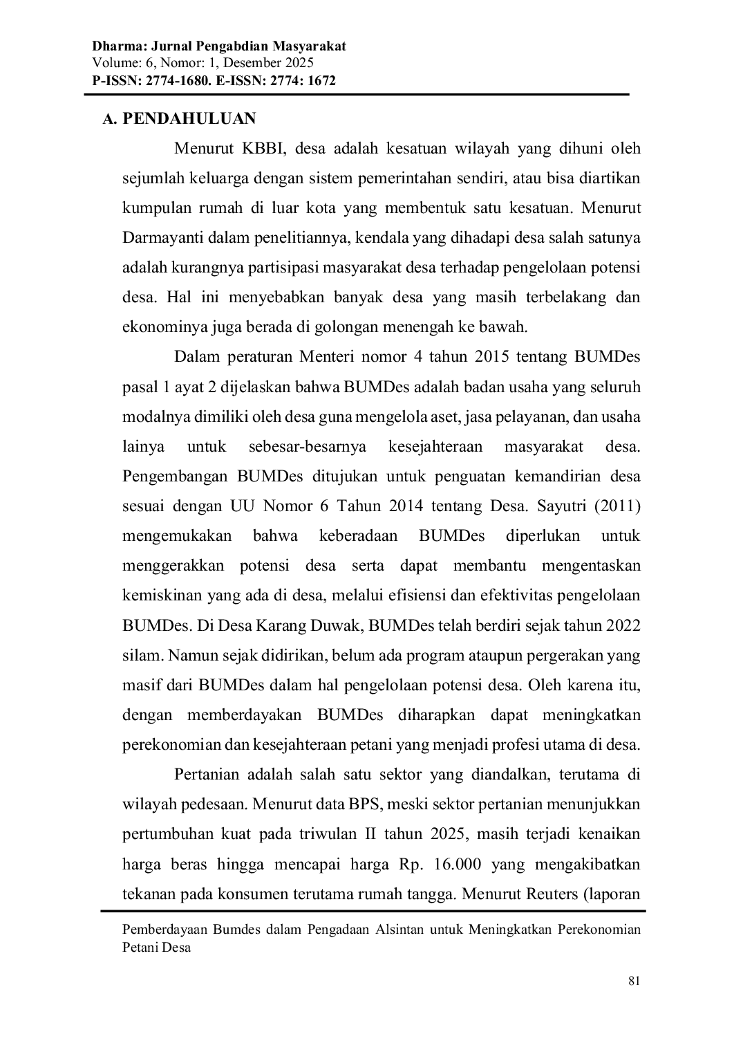 JURIS Pemberdayaan Bumdes dalam Pengadaan Alsintan untuk Meningkatkan Perekonomian Petani Desa