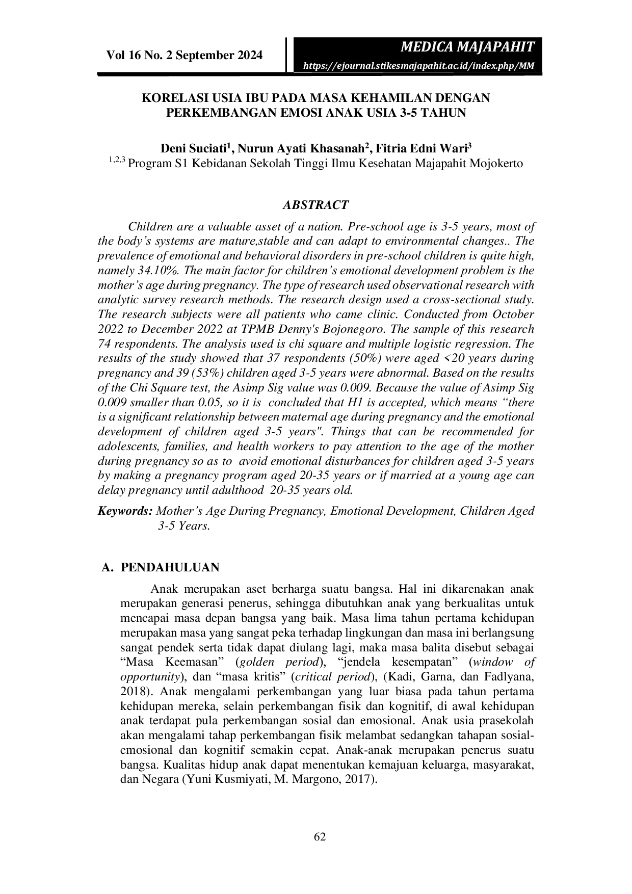 JURIS Korelasi Usia Ibu Pada Masa Kehamilan Dengan Perkembangan Emosi Anak Usia 3 5 Tahun