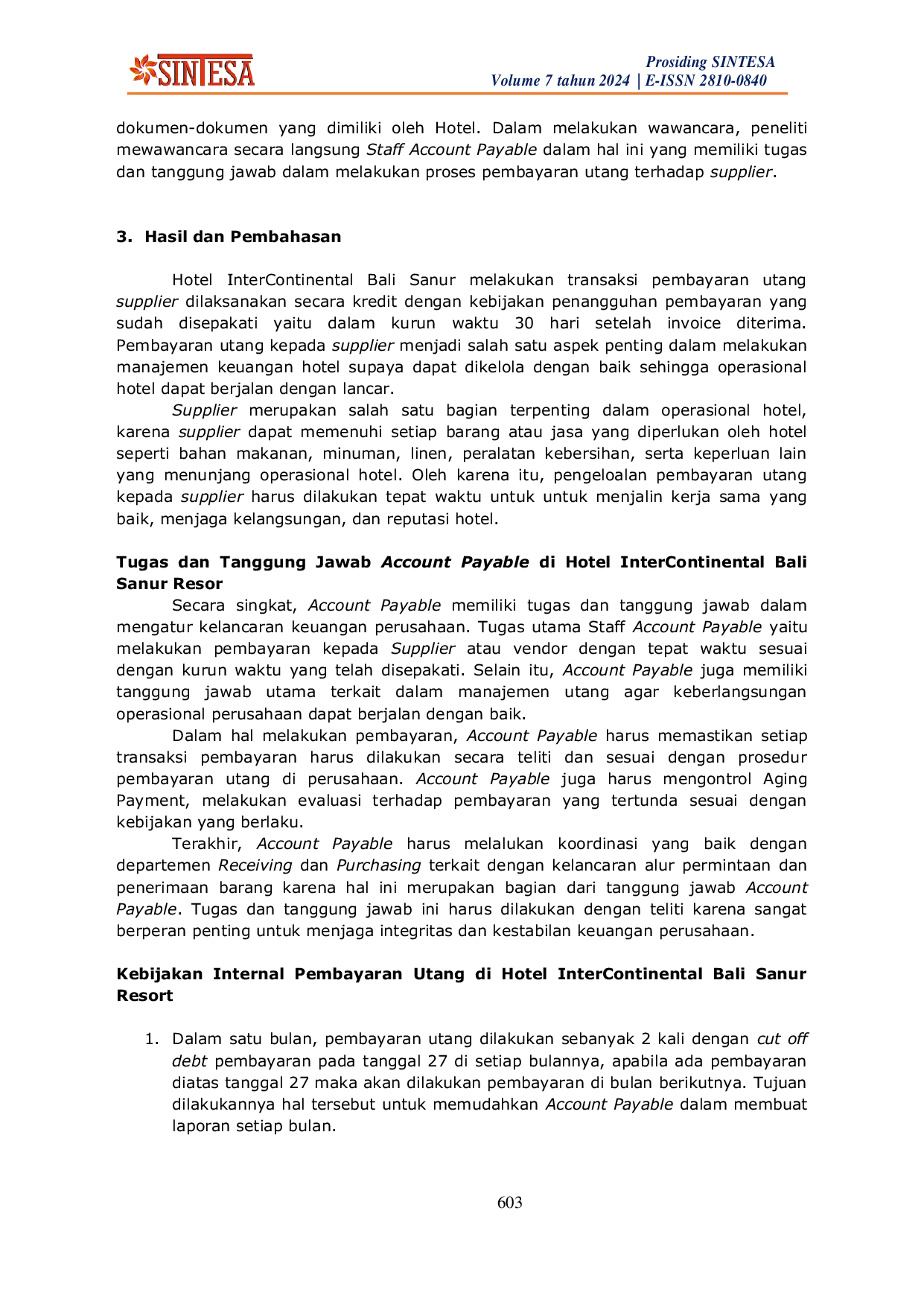 JURIS Analisis Penerapan Sistem Informasi Akuntansi atas Prosedur Pembayaran Utang kepada Supplier pada Hotel Intercontinental Bali Sanur Resort