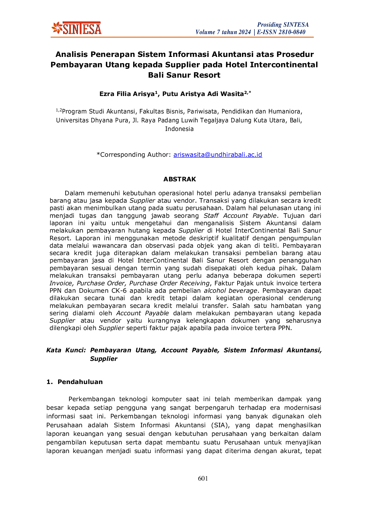 JURIS Analisis Penerapan Sistem Informasi Akuntansi atas Prosedur Pembayaran Utang kepada Supplier pada Hotel Intercontinental Bali Sanur Resort