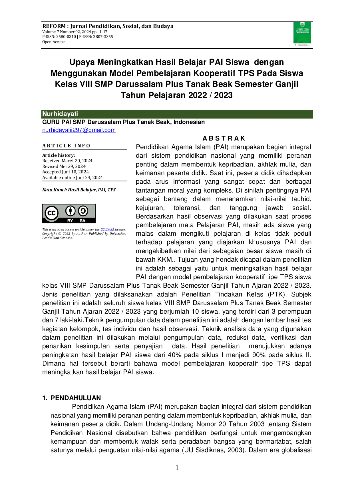 JURIS Upaya Meningkatkan Hasil Belajar PAI Siswa dengan Menggunakan Model Pembelajaran Kooperatif TPS pada Siswa Kelas VIII SMP Darussalam Plus Tanak Beak Semester Ganjil Tahun Pelajaran 2022 2023