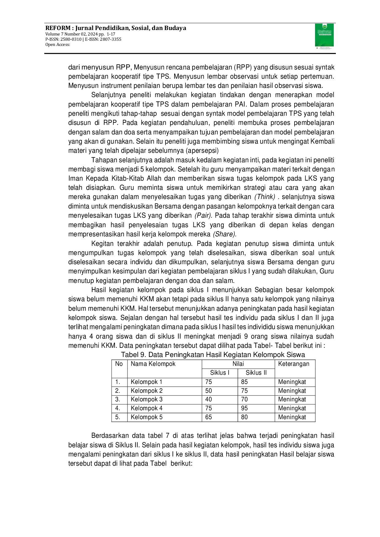 JURIS Upaya Meningkatkan Hasil Belajar PAI Siswa dengan Menggunakan Model Pembelajaran Kooperatif TPS pada Siswa Kelas VIII SMP Darussalam Plus Tanak Beak Semester Ganjil Tahun Pelajaran 2022 2023