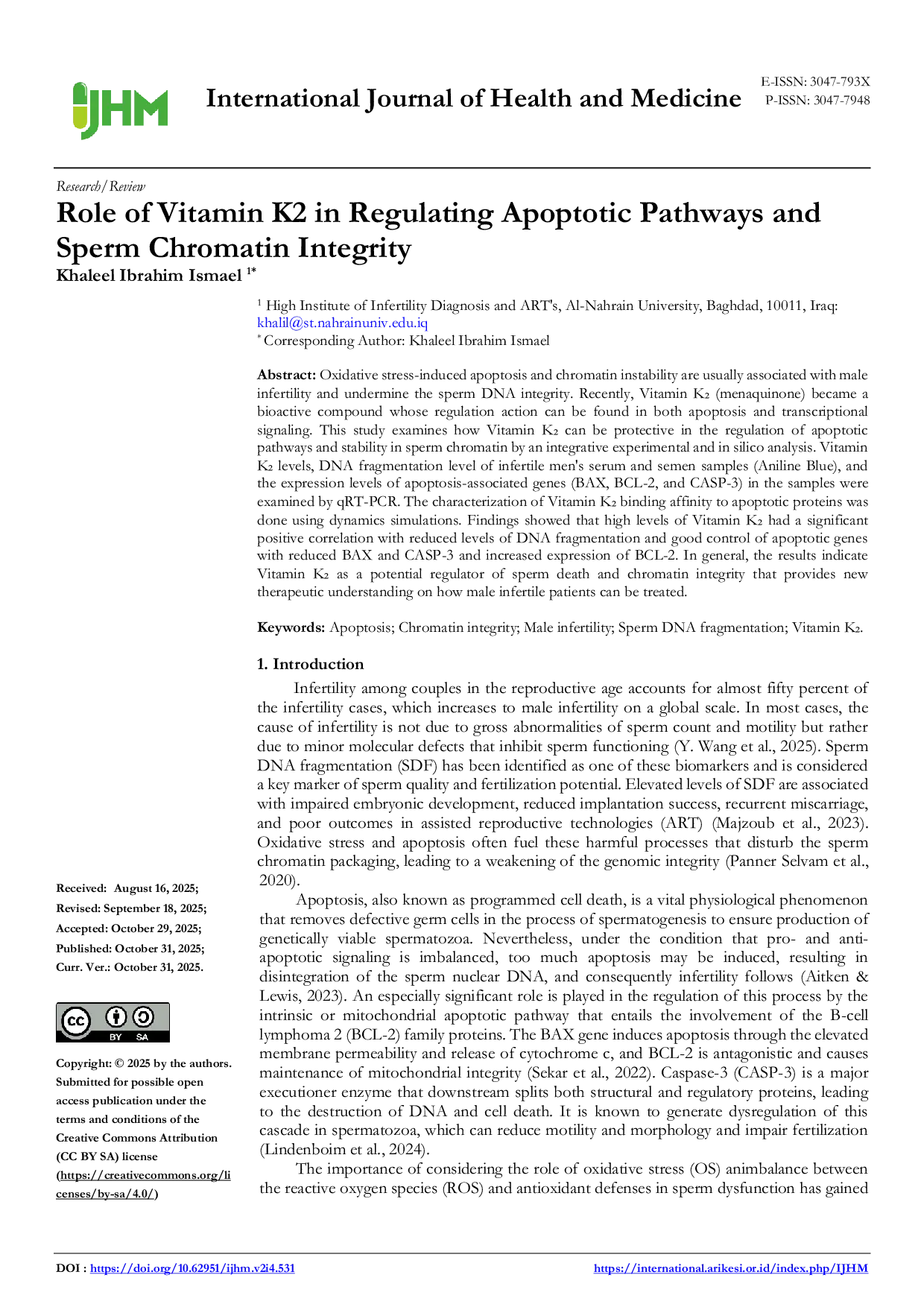 JURIS Role of Vitamin K2 in Regulating Apoptotic Pathways and Sperm Chromatin Integrity