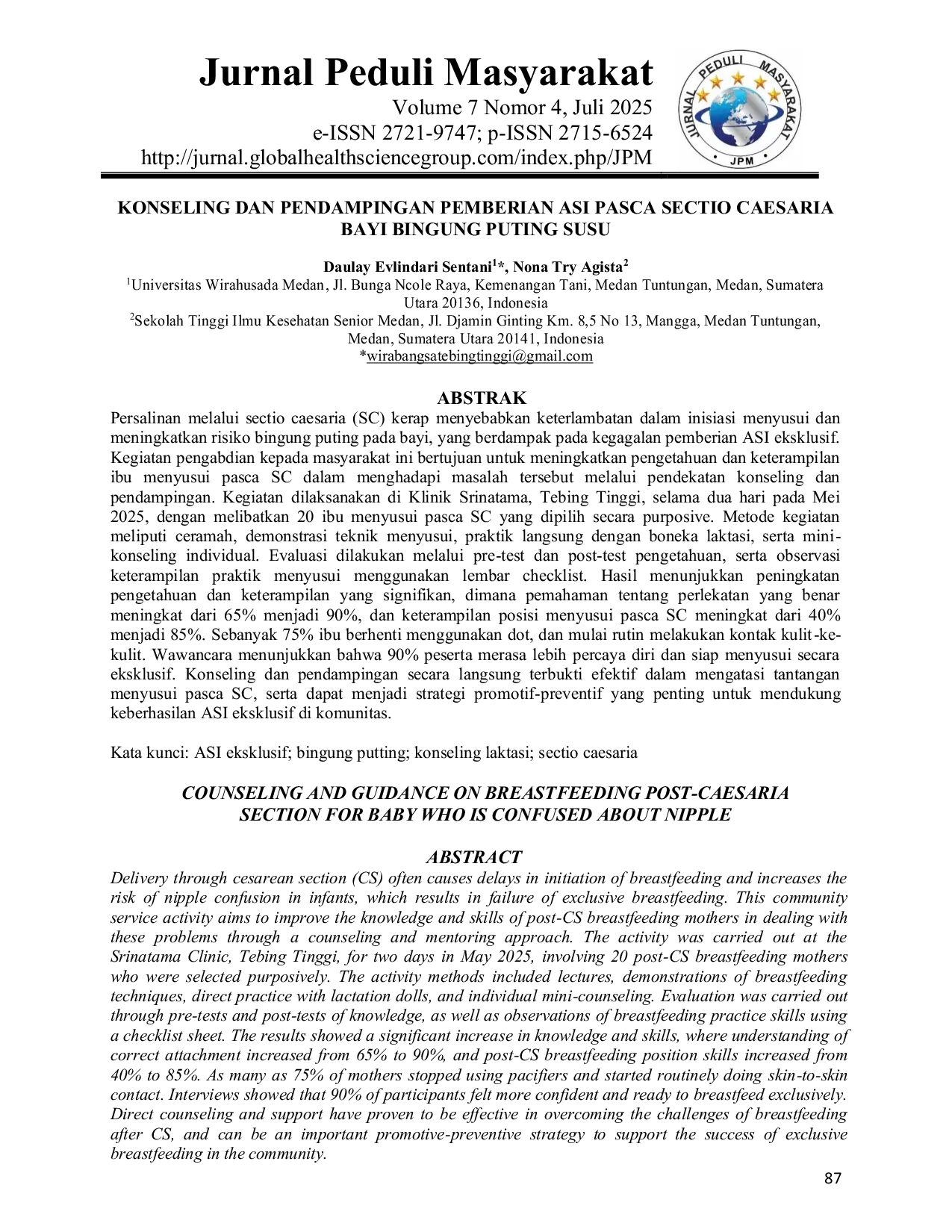 JURIS Konseling dan Pendampingan Pemberian ASI Pasca Sectio Caesaria Bayi Bingung Puting Susu