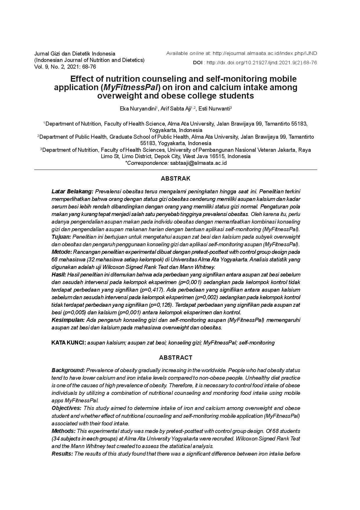juris Effect of nutrition counseling and self monitoring mobile application MyFitnessPal on iron and calcium intake among overweight and obese college students