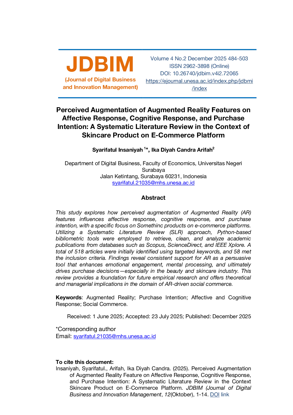 JURIS Perceived Augmentation of Augmented Reality Features on Affective Response Cognitive Response and Purchase Intention A Systematic Literature Review in the Context of Skincare Product on E Commerce