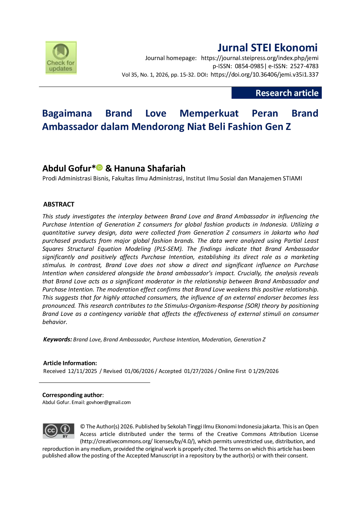 JURIS Bagaimana Brand Love Memperkuat Peran Brand Ambassador dalam Mendorong Niat Beli Fashion Gen Z