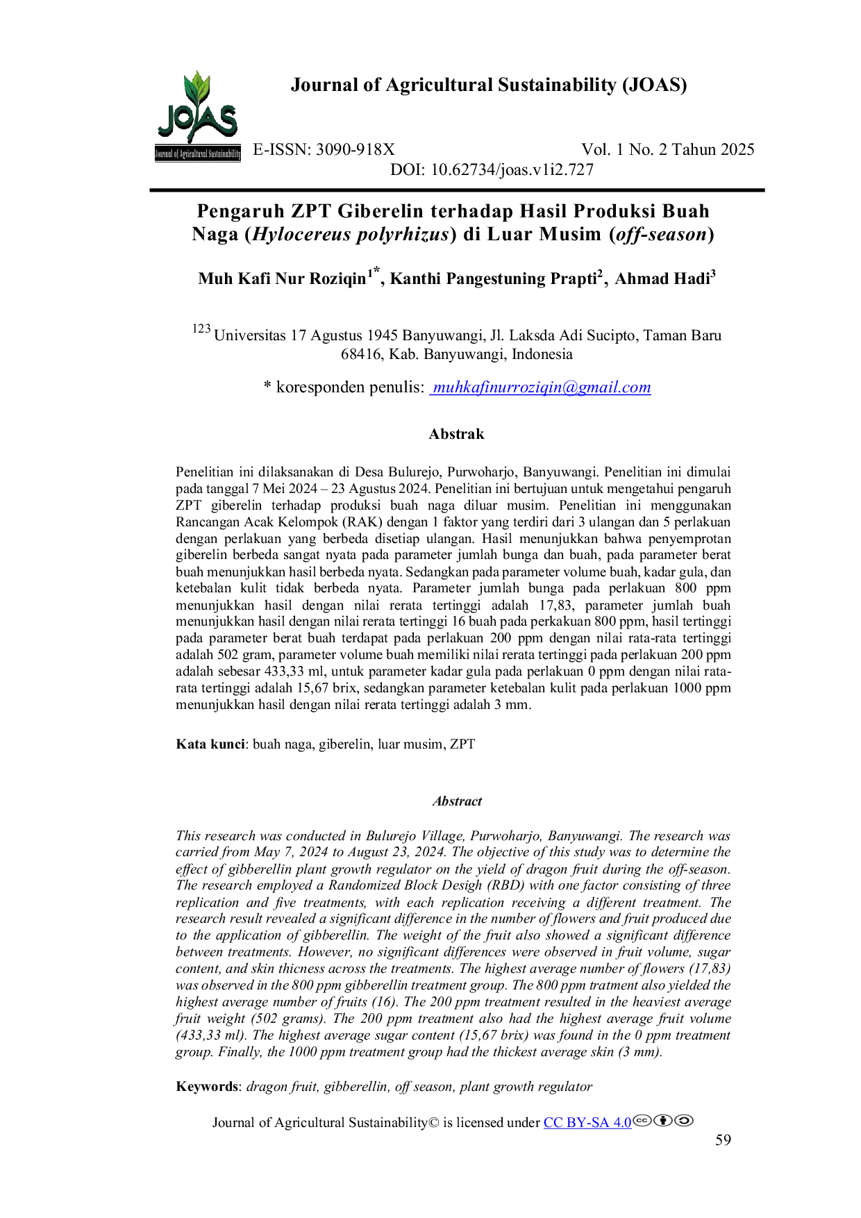 JURIS Pengaruh ZPT Giberelin terhadap Hasil Produksi Buah Naga Hylocereus polyrhizus di Luar Musim off season