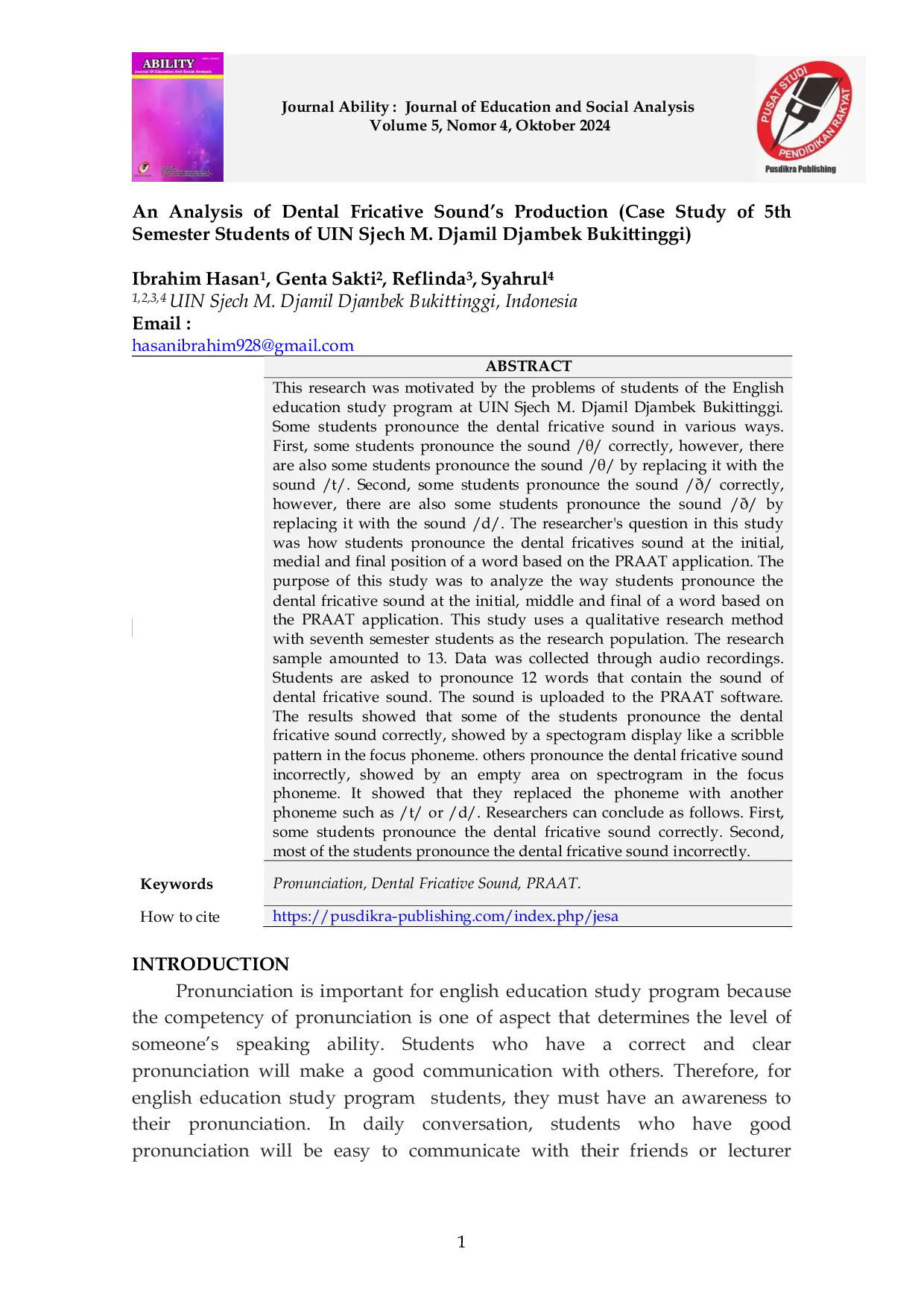 JURIS An Analysis of Dental Fricative Sound s Production Case Study of 5th Semester Students of UIN Sjech M Djamil Djambek Bukittinggi