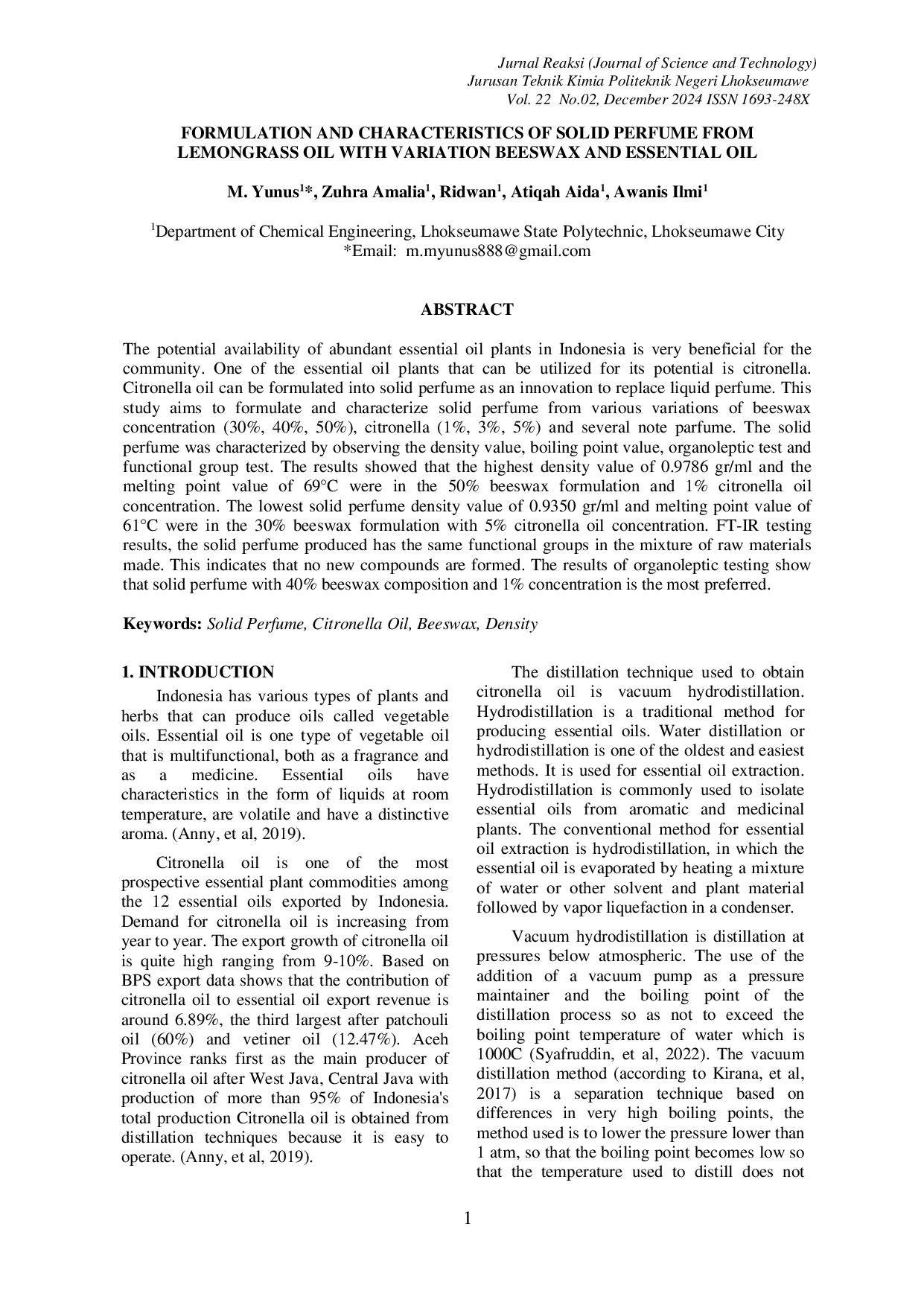 JURIS FORMULATION AND CHARACTERISTICS OF SOLID PERFUME FROM LEMONGRASS OIL WITH VARIATION BEESWAX AND ESSENTIAL OIL