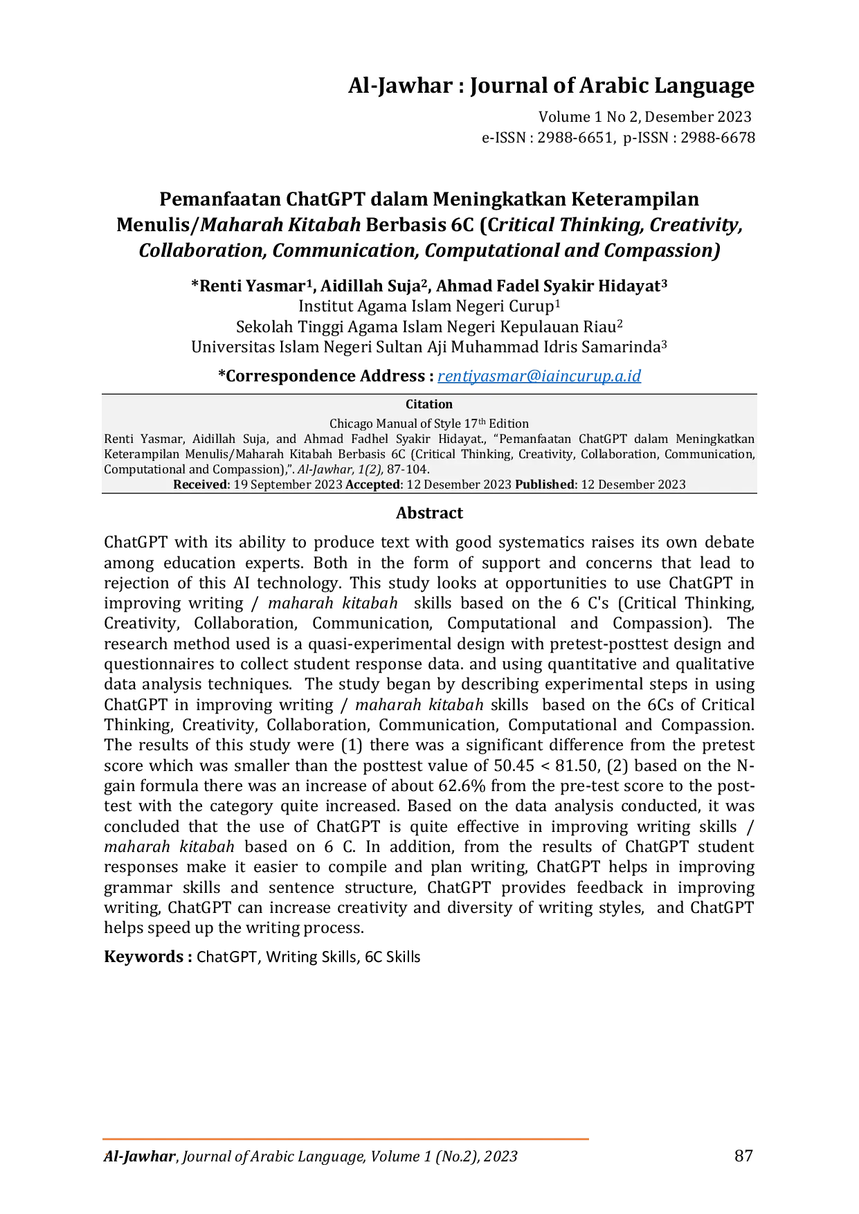 JURIS Pemanfaatan ChatGPT dalam Meningkatkan Keterampilan Menulis Maharah Kitabah Berbasis 6C Critical Thinking Creativity Collaboration Communication Computational and Compassion
