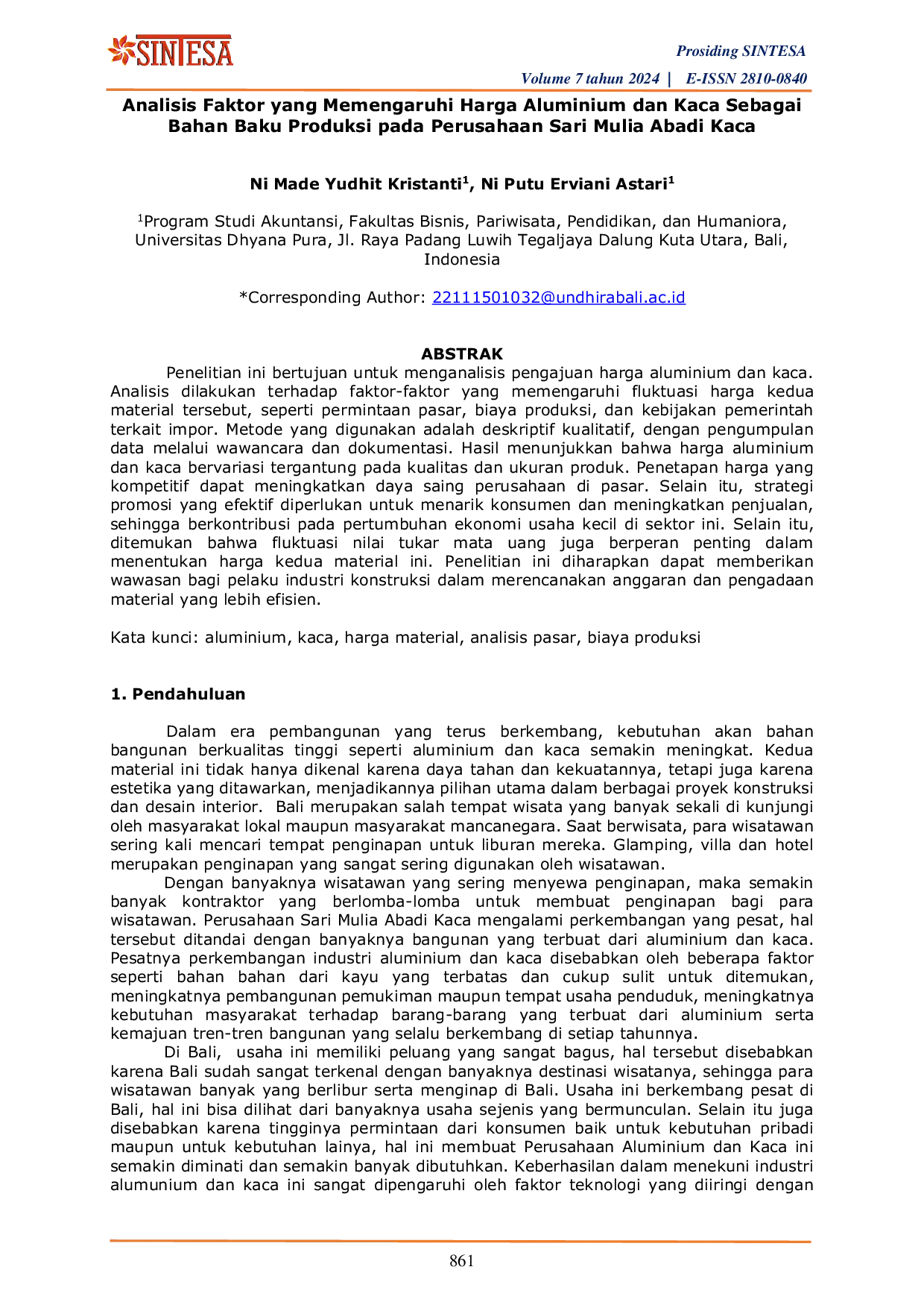 JURIS Analisis Faktor yang Memengaruhi Harga Aluminium dan Kaca Sebagai Bahan Baku Produksi pada Perusahaan Sari Mulia Abadi Kaca