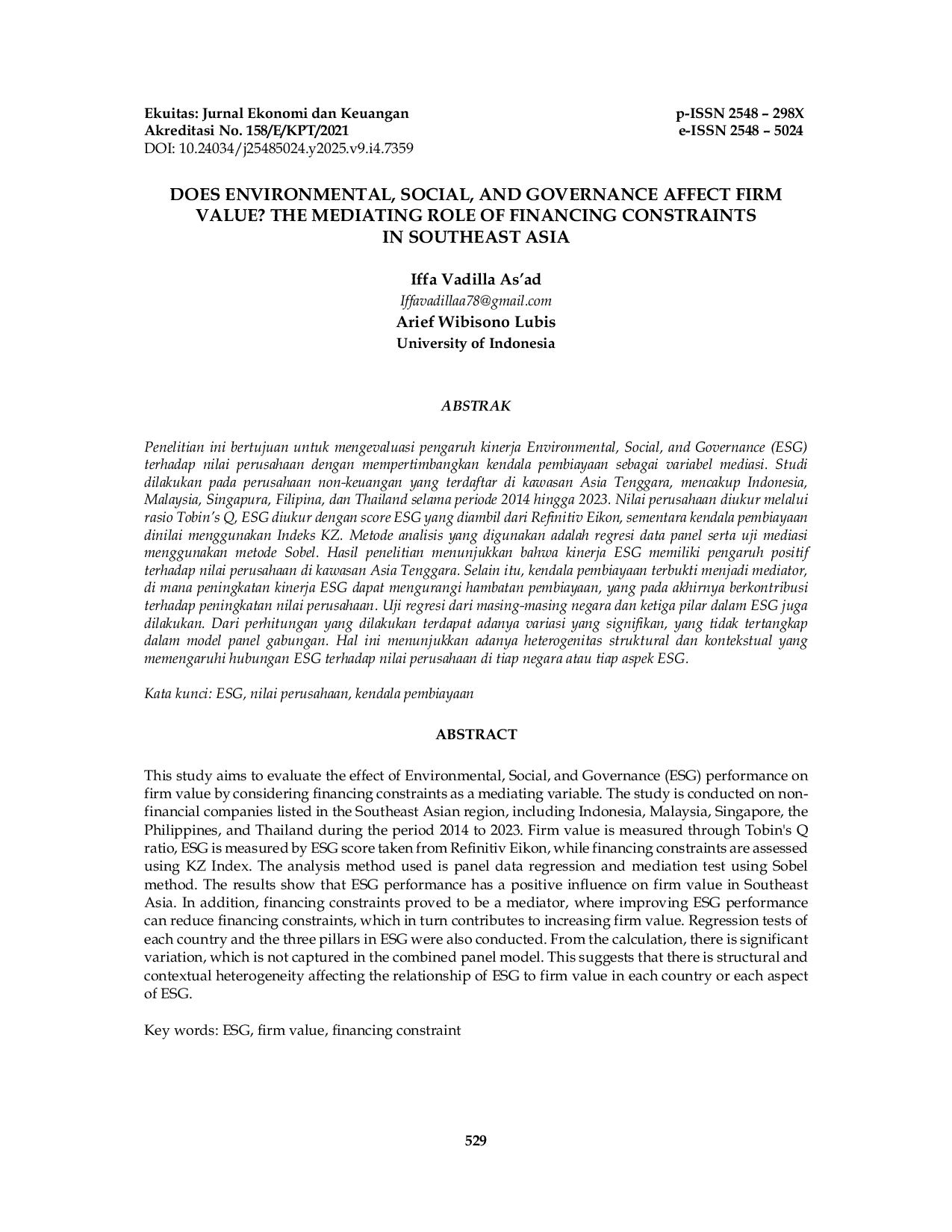 JURIS Does Environmental Social and Governance Affect Firm Value The Mediating Role of Financing Constraints in Southeast Asia