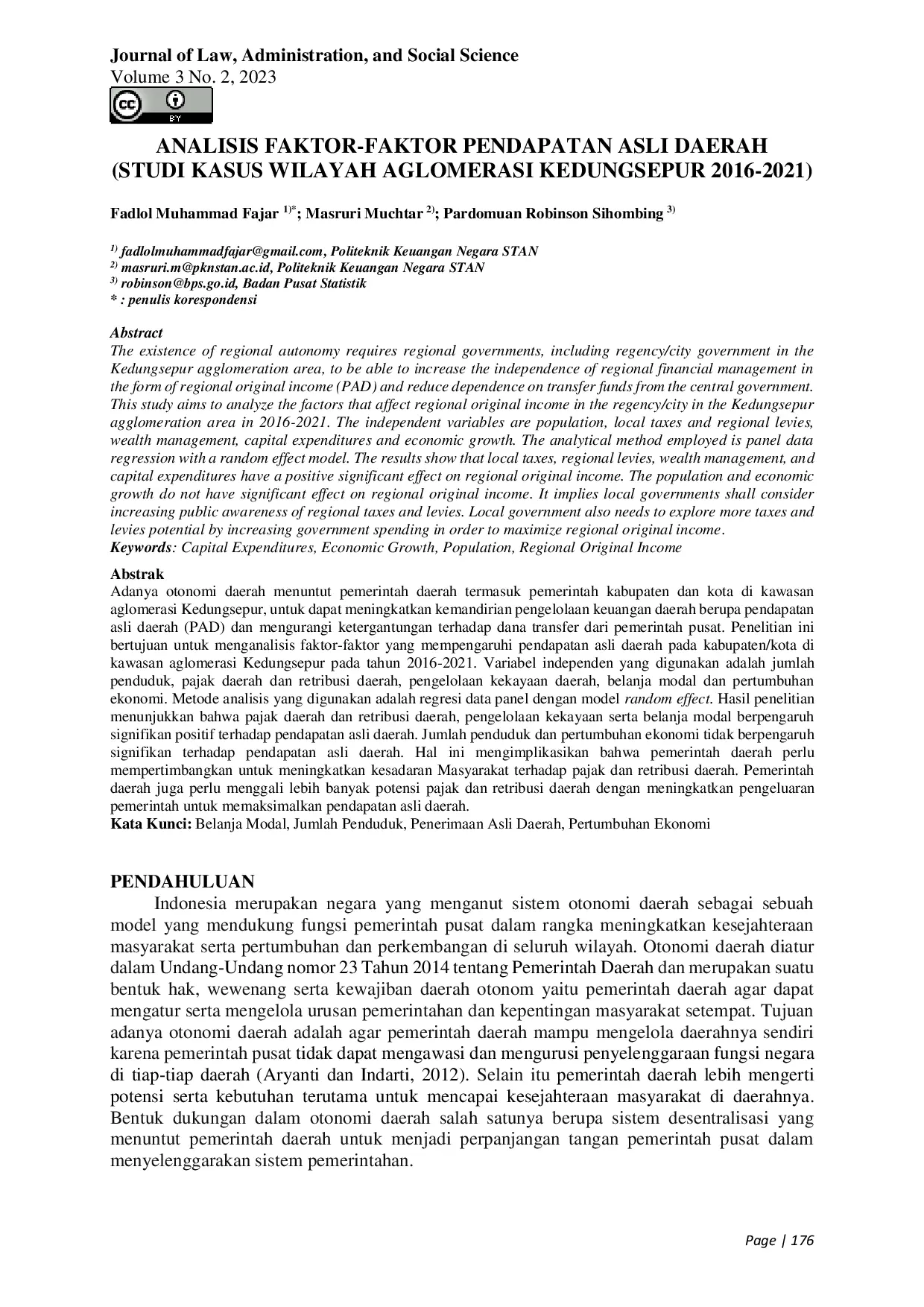 JURIS Analisis Faktor Faktor Pendapatan Asli Daerah Studi Kasus Wilayah Aglomerasi Kedungsepur 2016 2021
