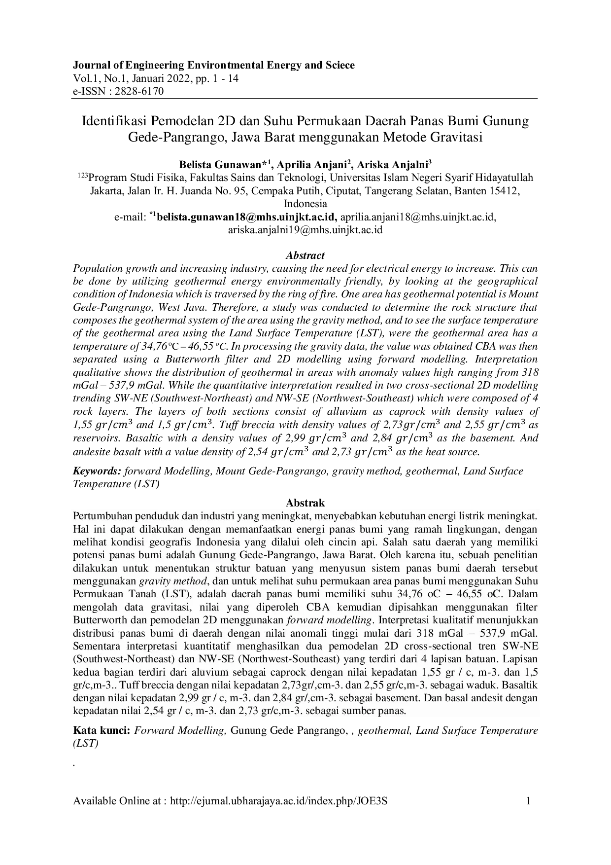 JURIS Identifikasi Pemodelan 2D dan Suhu Permukaan Daerah Panas Bumi Gunung Gede Pangrango Jawa Barat menggunakan Metode Gravitasi