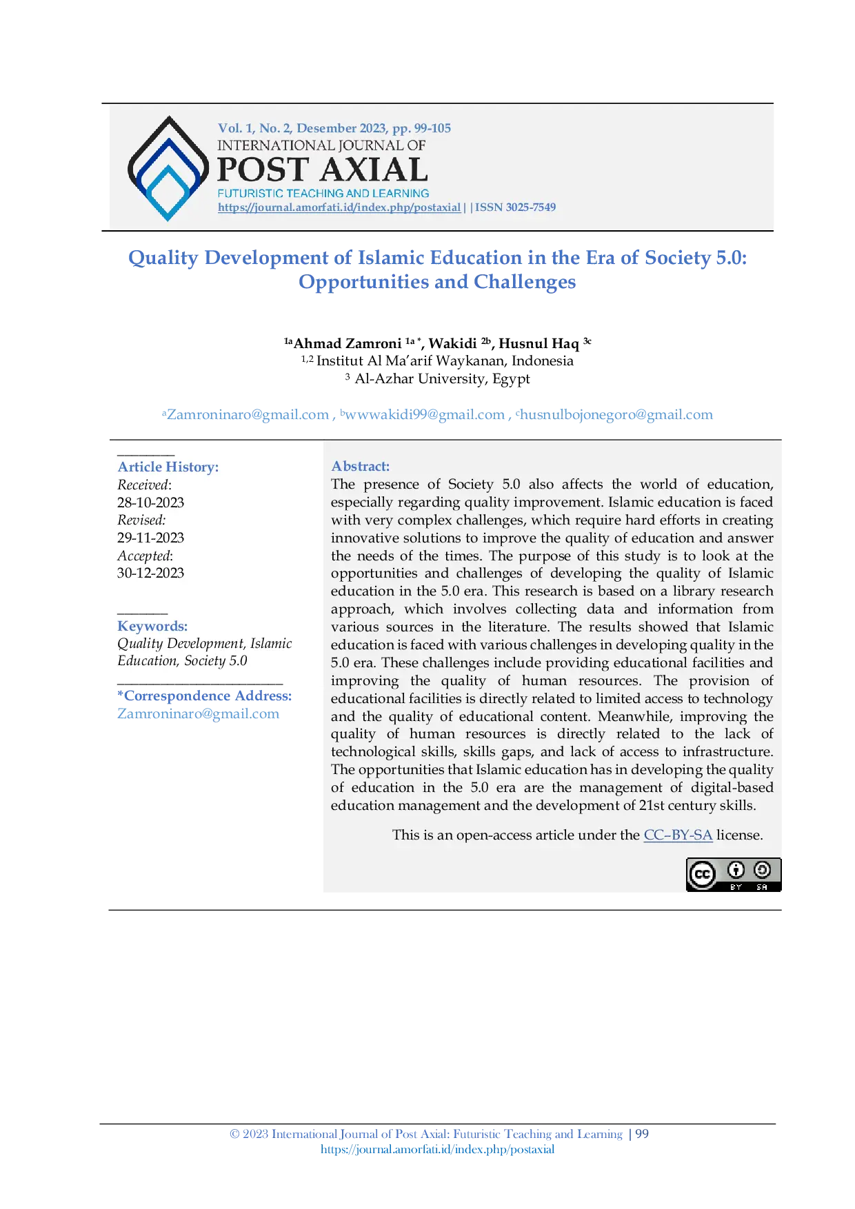 JURIS Quality Development of Islamic Education in the Era of Society 5 0 Opportunities and Challenges