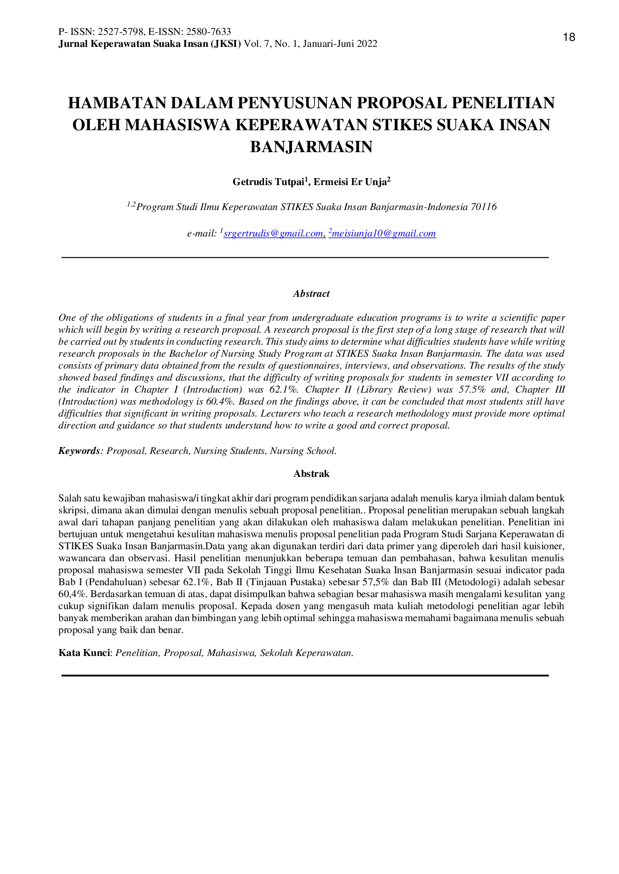 JURIS Hambatan Dalam Penyusunan Proposal Penelitian Oleh Mahasiswa Keperawatan Stikes Suaka Insan Banjarmasin