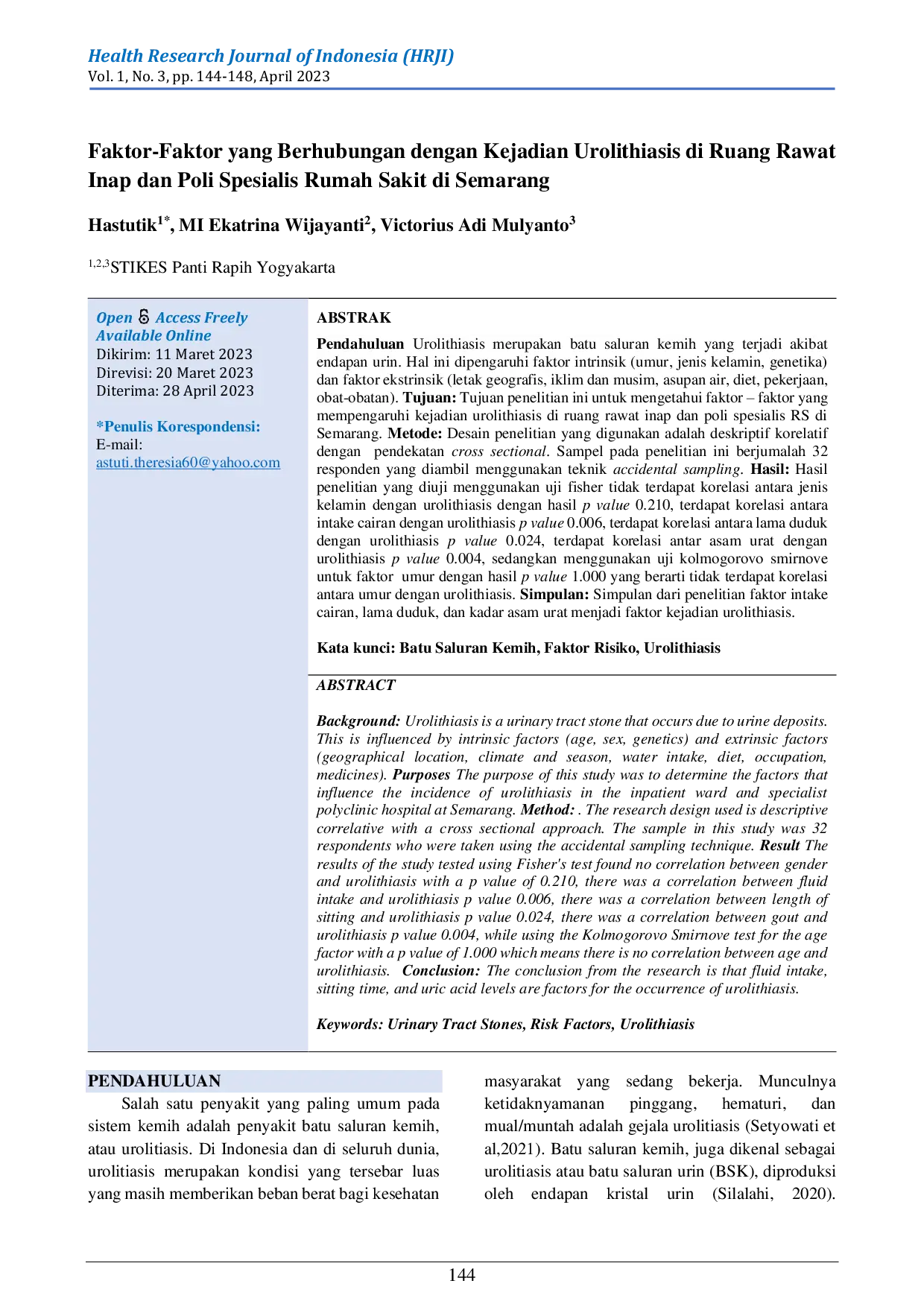 JURIS Faktor Faktor yang Berhubungan dengan Kejadian Urolithiasis di Ruang Rawat Inap dan Poli Spesialis Rumah Sakit di Semarang