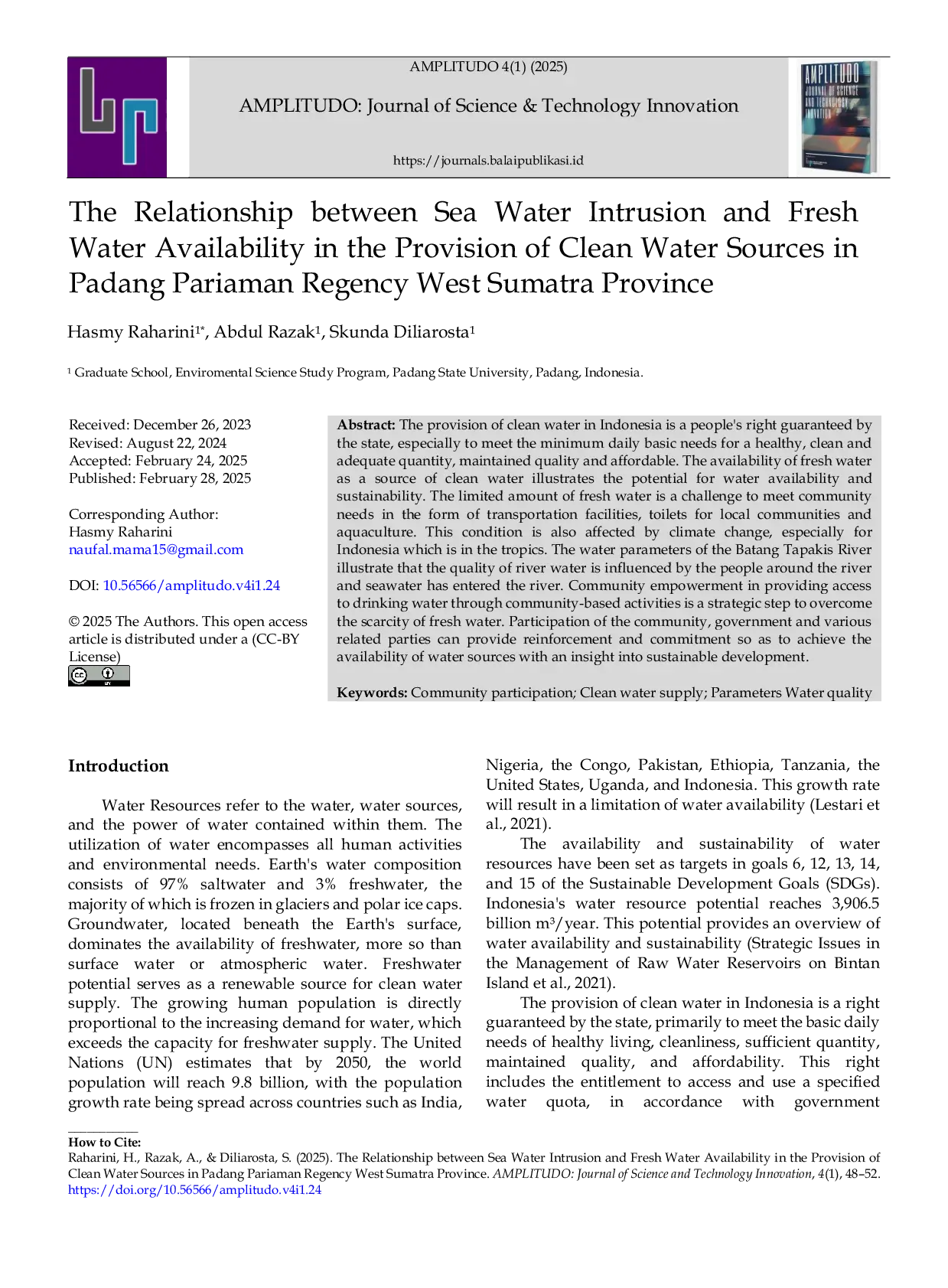 JURIS The Relationship between Sea Water Intrusion and Fresh Water Availability in the Provision of Clean Water Sources in Padang Pariaman Regency West Sumatra Province
