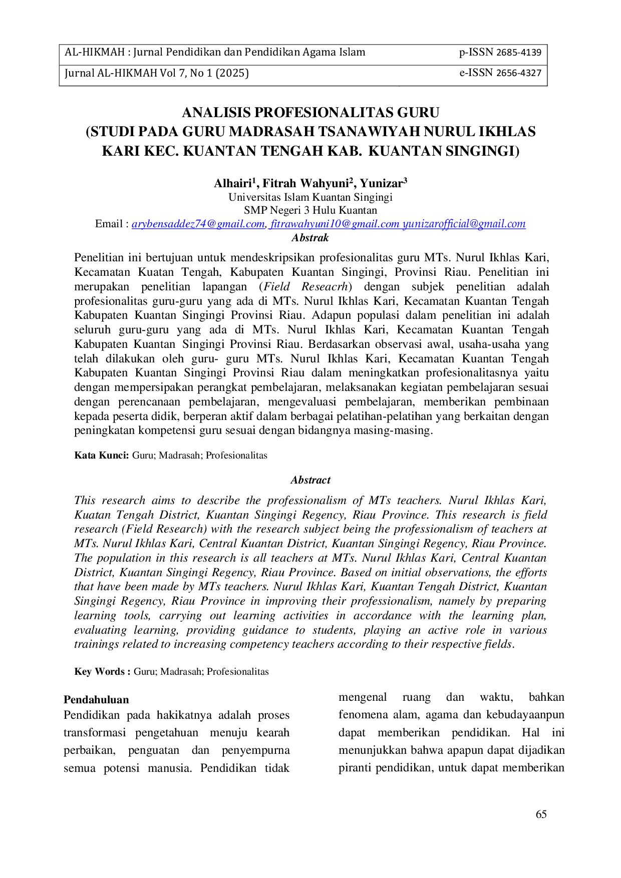 JURIS Analisis Profesionalitas Guru Studi Pada Guru Madrsahan Tsanawiyah Nurul Ikhlas Kari Kec Kuantan Tengah Kab Kuantan Singingi