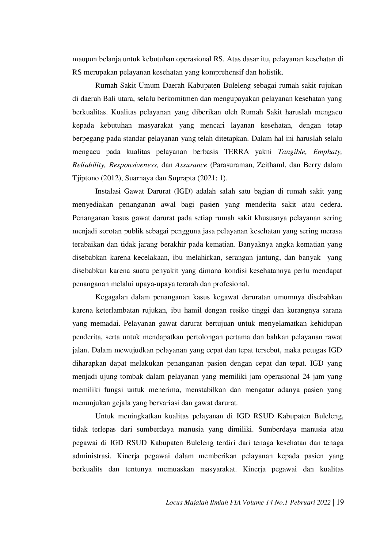 JURIS Kinerja Pegawai dan Kualitas Pelayanan di Instalasi Gawat Darurat RSUD Kabupaten Buleleng