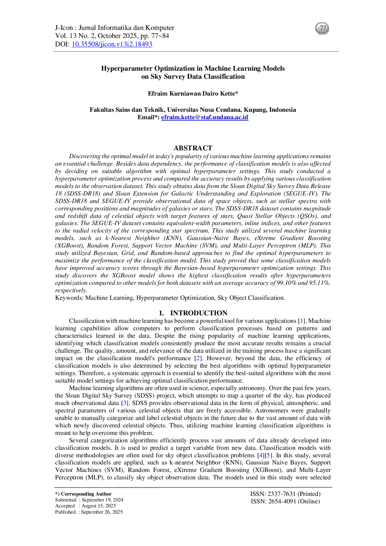 JURIS Hyperparameter Optimization in Machine Learning Models on Sky Survey Data Classification