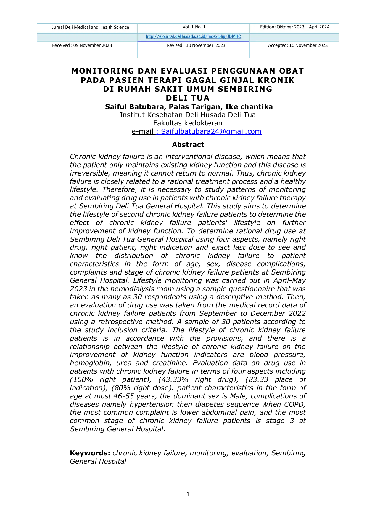 JURIS Monitoring dan Evaluasi Penggunaan Obat pada Pasien Terapi Gagal Ginjal Kronik di Rumah Sakit Umum Sembiring Deli Tua