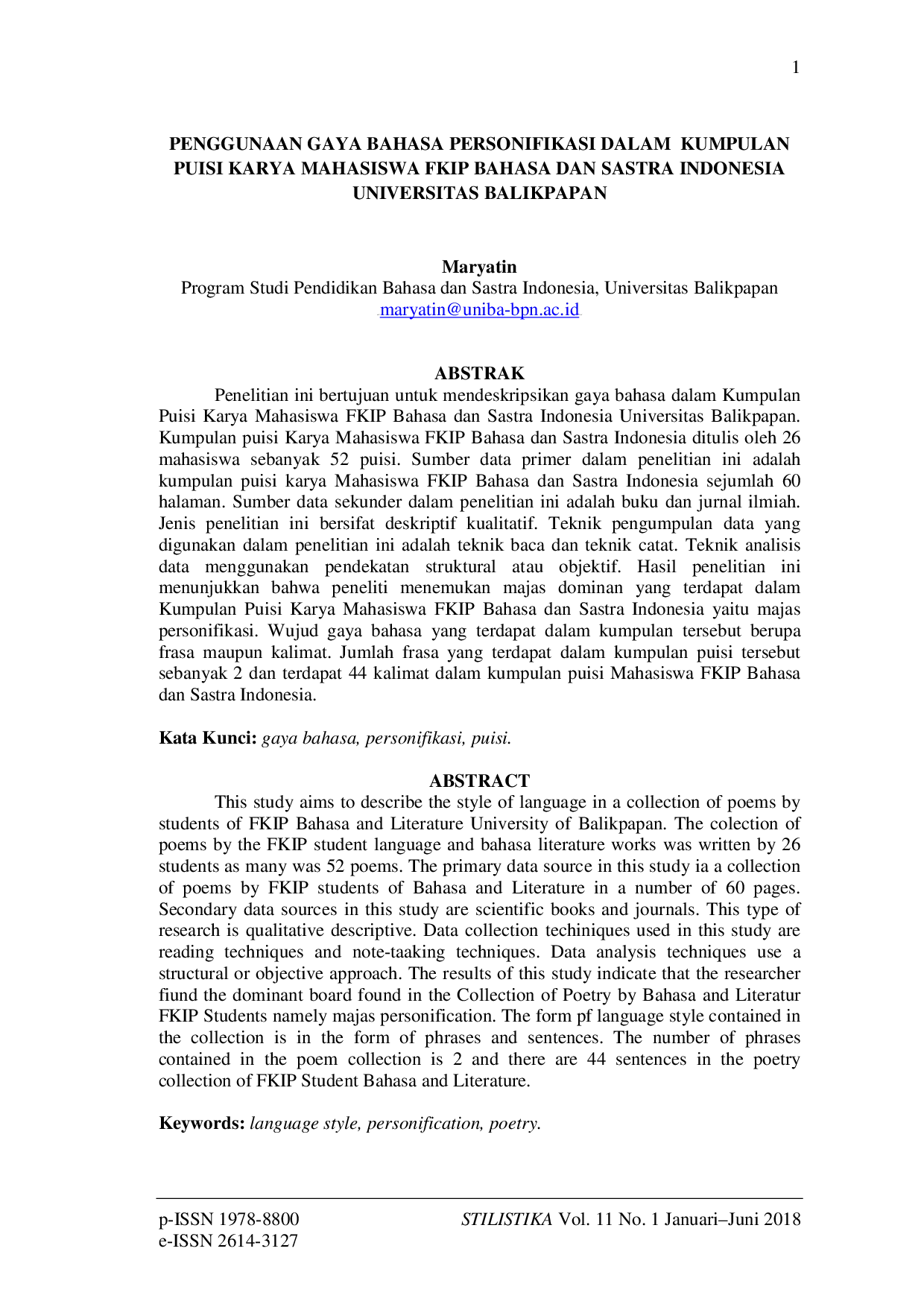 JURIS Penggunaan Gaya Bahasa Personifikasi Dalam Kumpulan Puisi Karya Mahasiswa Fkip Bahasa Dan Sastra Indonesia Universitas Balikpapan