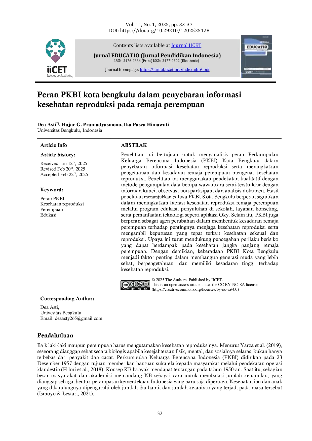 JURIS Peran PKBI kota bengkulu dalam penyebaran informasi kesehatan reproduksi pada remaja perempuan