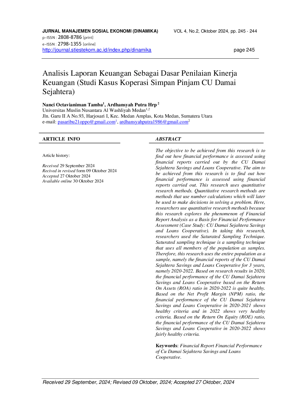 JURIS Analisis Laporan Keuangan Sebagai Dasar Penilaian Kinerja Keuangan Studi Kasus Koperasi Simpan Pinjam CU Damai Sejahtera