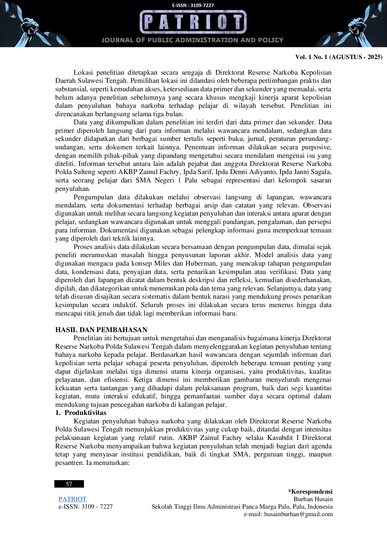 JURIS Kinerja Aparat Kepolisian dalam Penyuluhan Bahaya Narkoba di Kalangan Pelajar SMA Negeri 1 Palu