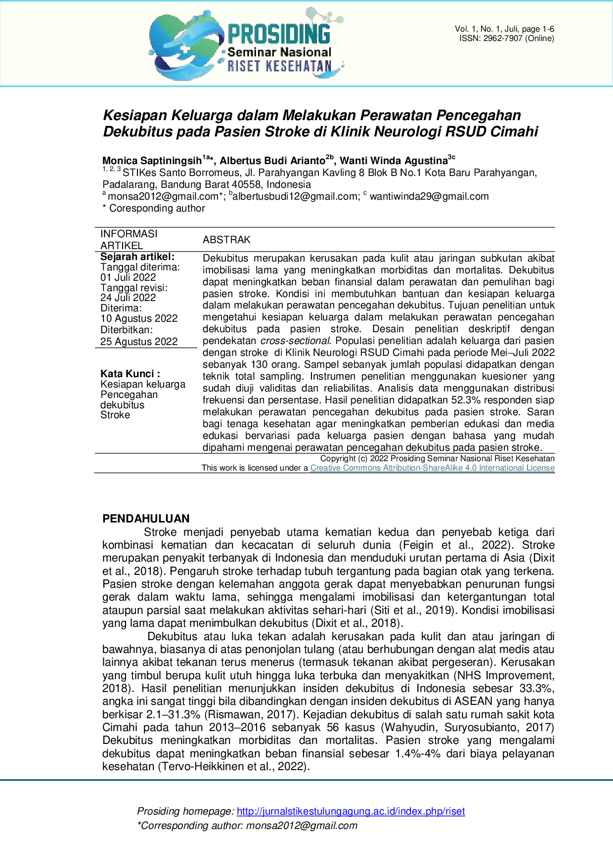 JURIS Kesiapan Keluarga dalam Melakukan Perawatan Pencegahan Dekubitus pada Pasien Stroke di Klinik Neurologi RSUD Cimahi