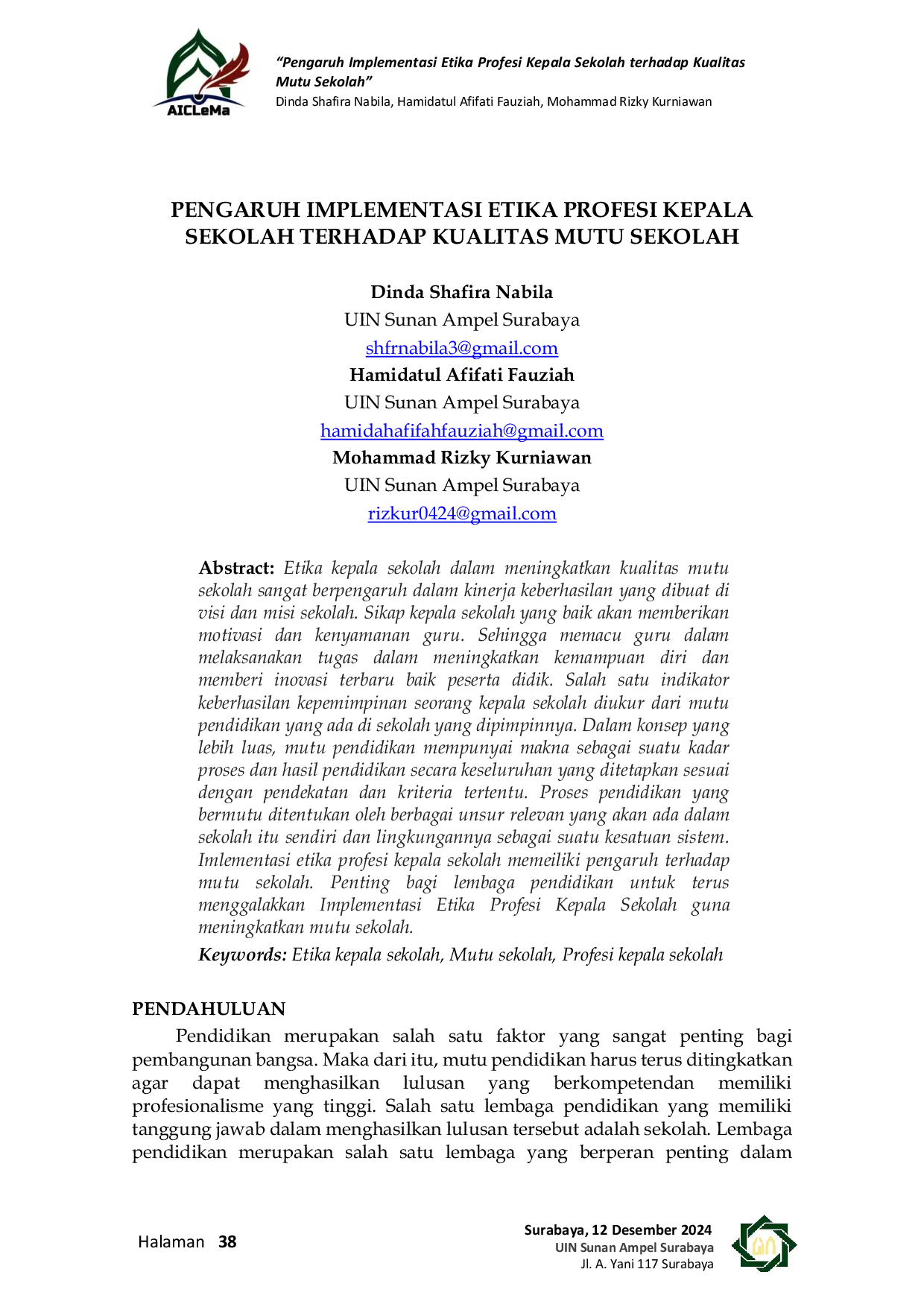 JURIS Pengaruh Implementasi Etika Profesi Kepala Sekolah Terhadap Kualitas Mutu Sekolah