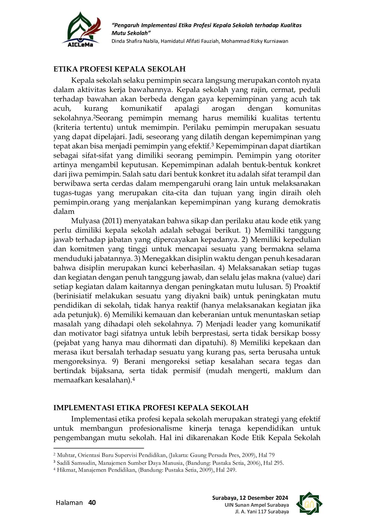 JURIS Pengaruh Implementasi Etika Profesi Kepala Sekolah Terhadap Kualitas Mutu Sekolah