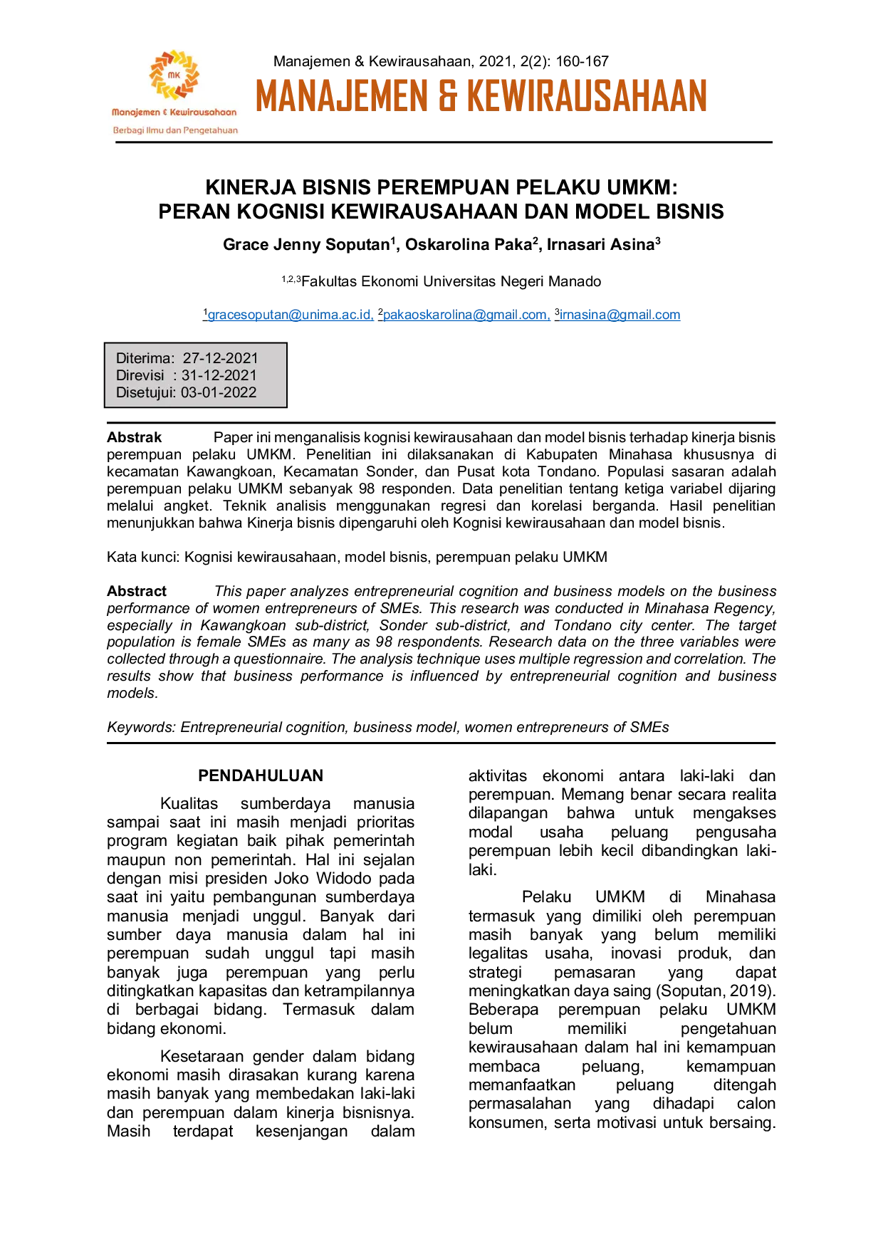 JURIS Kinerja Bisnis Perempuan Pelaku UMKM Peran Kognisi Kewirausahaan dan Model Bisnis