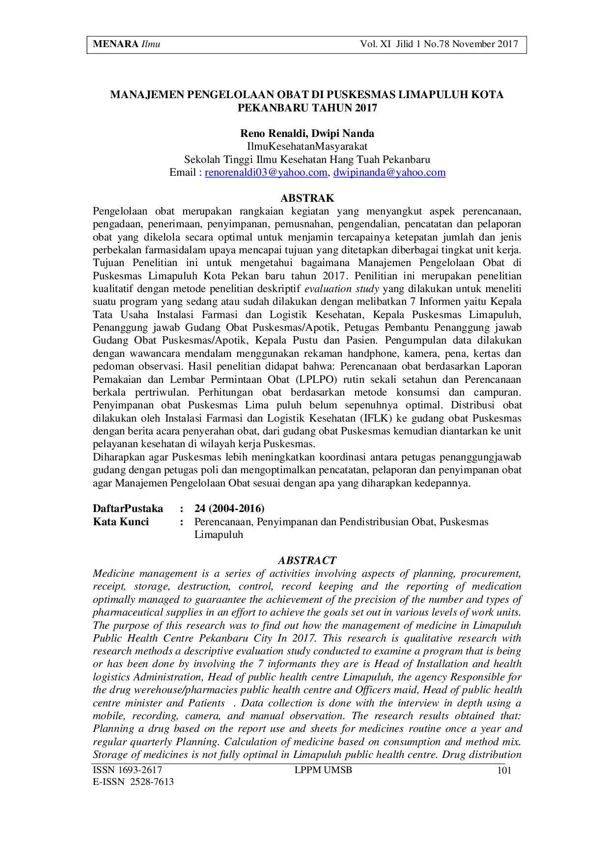 JURIS Manajemen Pengelolaan Obat di Puskesmas Limapuluh Kota Pekanbaru Tahun 2017