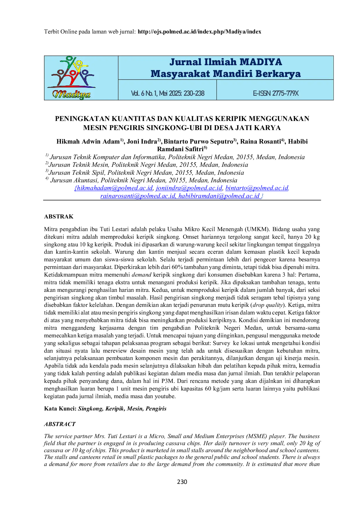 JURIS Peningkatan Kuantitas Dan Kualitas Keripik Menggunakan Mesin Pengiris Singkong Ubi Di Desa Jati Karya