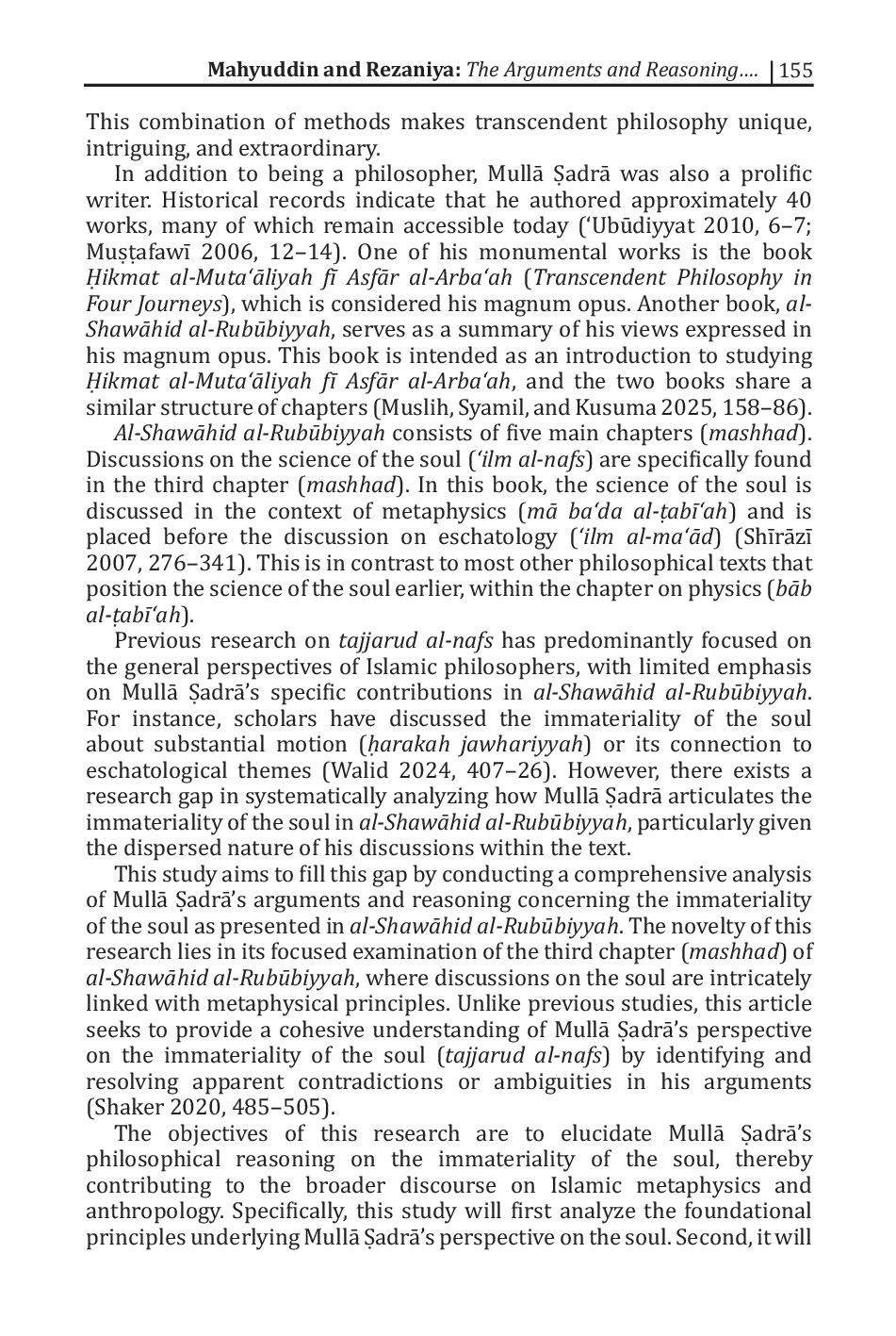 JURIS The Arguments and Reasoning on the Immateriality of the Soul Tajjarud al Nafs Based on Mulla adrA s Perspective in the Book Al ShawAhid al Rubbiyyah