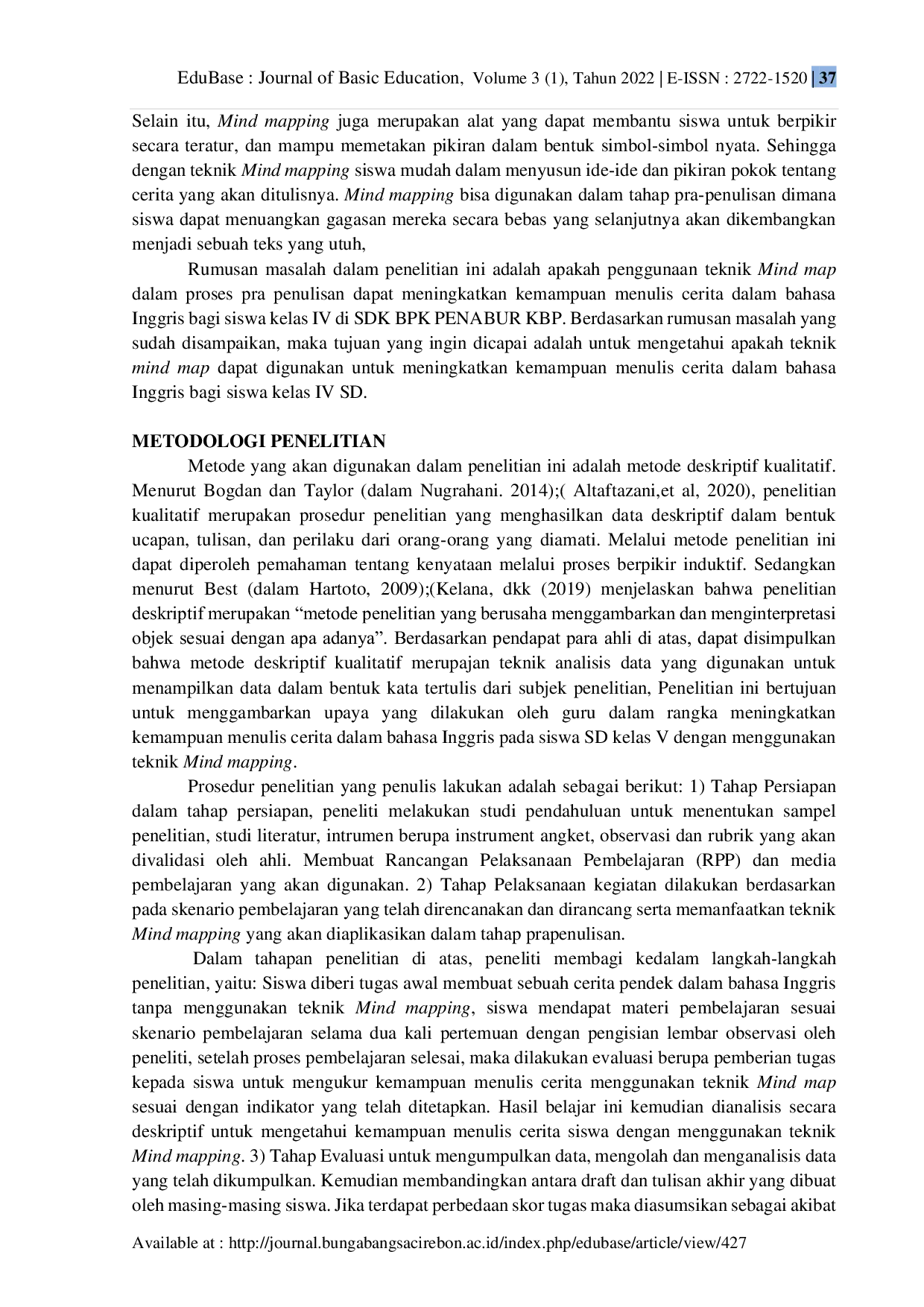 JURIS Peningkatan Keterampilan Menulis Cerita Bahasa Inggris Siswa Kelas IV Sekolah Dasar Menggunakan Teknik Mind Mapping