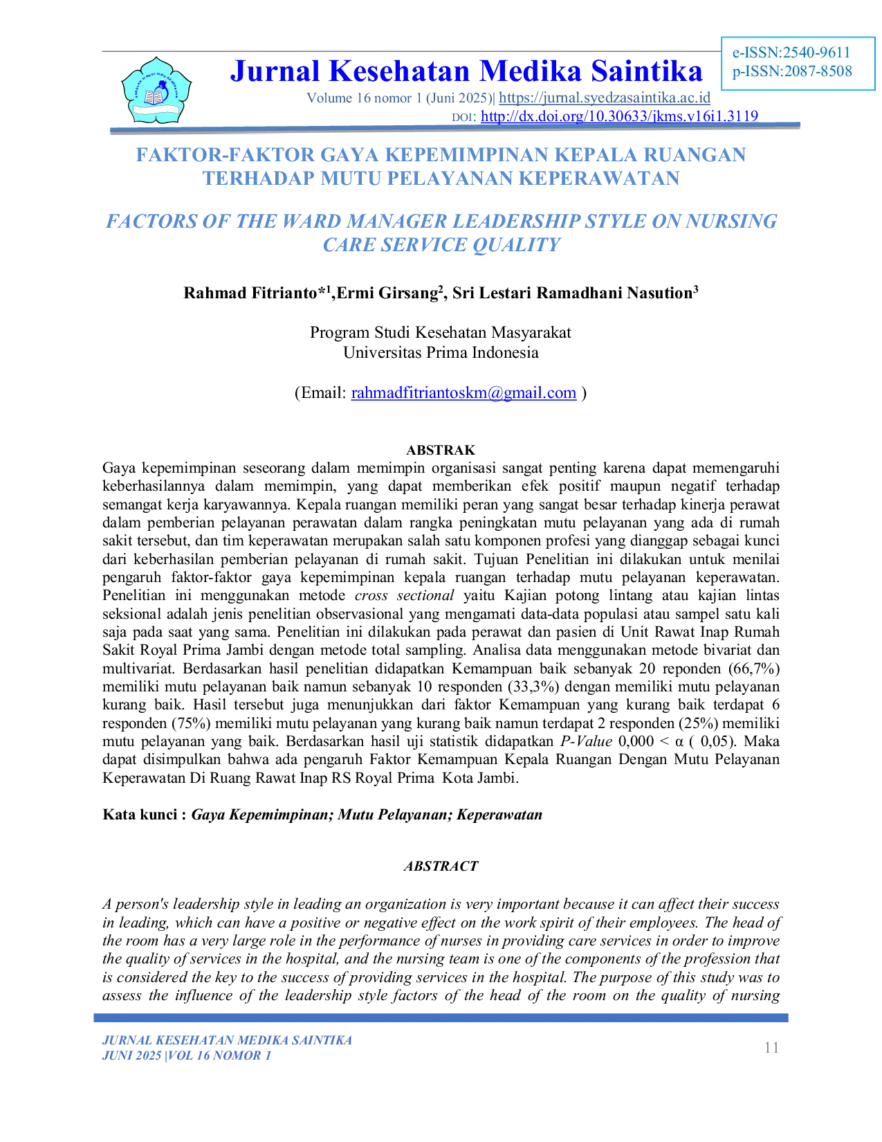 JURIS Faktor Faktor Gaya Kepemimpinan Kepala Ruangan Terhadap Mutu Pelayanan Keperawatan