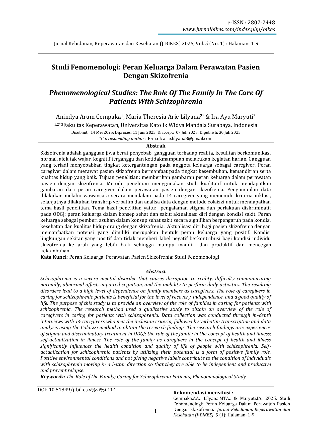JURIS Studi Fenomenologi Peran Keluarga Dalam Perawatan Pasien Dengan Skizofrenia