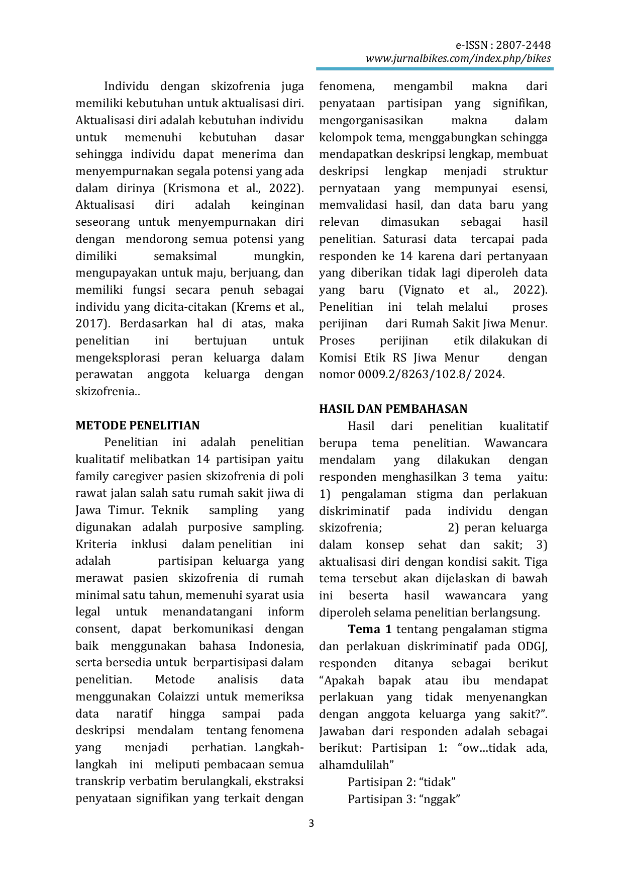 JURIS Studi Fenomenologi Peran Keluarga Dalam Perawatan Pasien Dengan Skizofrenia