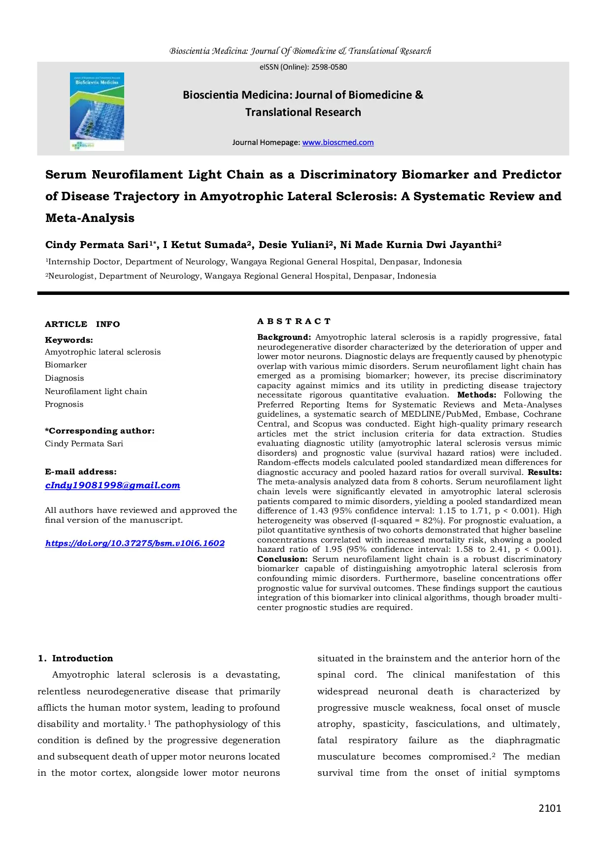 JURIS Serum Neurofilament Light Chain as a Discriminatory Biomarker and Predictor of Disease Trajectory in Amyotrophic Lateral Sclerosis A Systematic Review and Meta Analysis