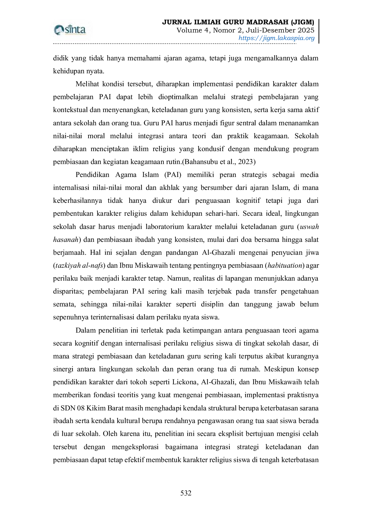 JURIS Implementasi Pendidikan Karakter Religius dalam Pembelajaran Pendidikan Agama Islam di Sekolah Dasar Negeri 08 Kikim Barat