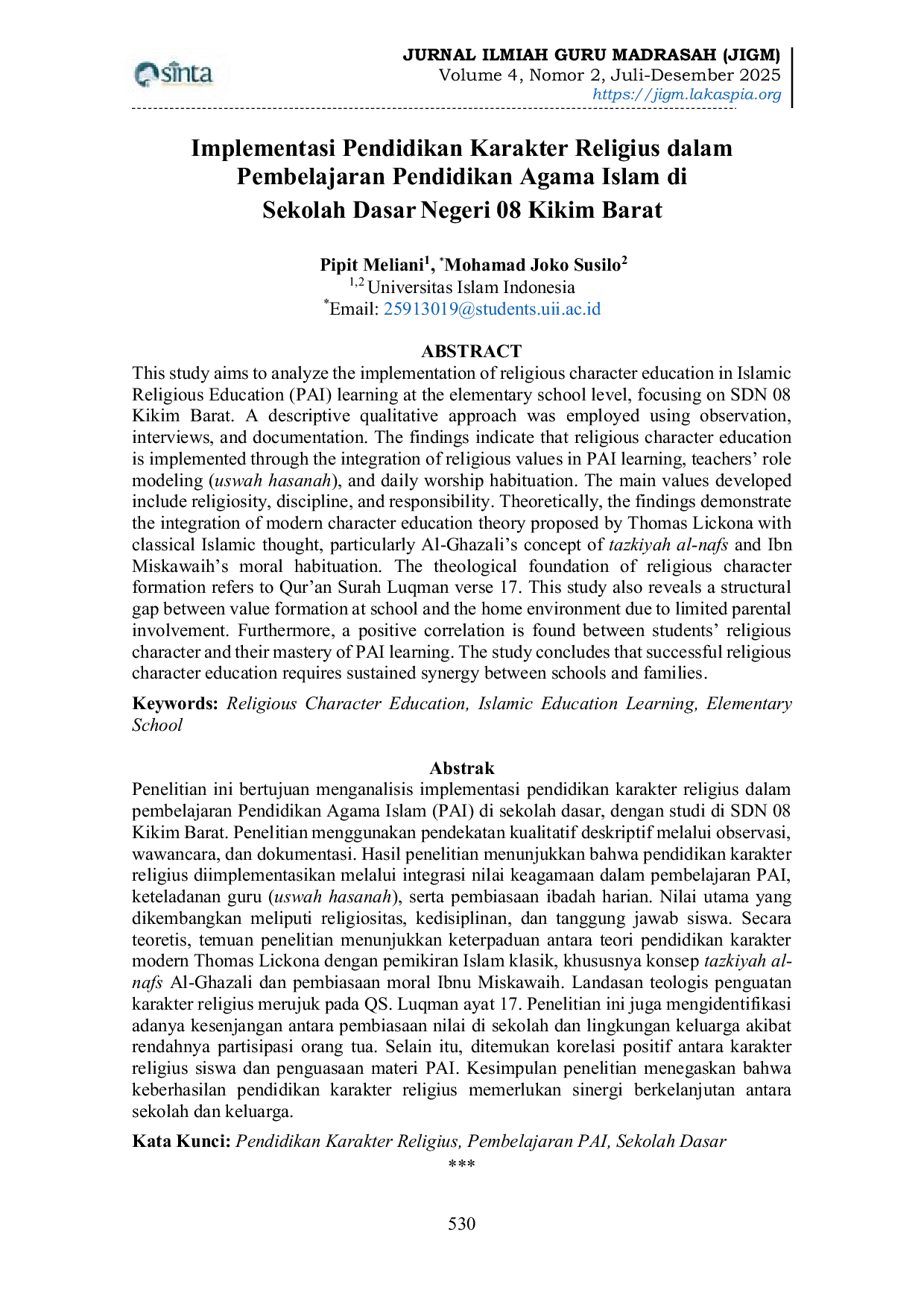 JURIS Implementasi Pendidikan Karakter Religius dalam Pembelajaran Pendidikan Agama Islam di Sekolah Dasar Negeri 08 Kikim Barat