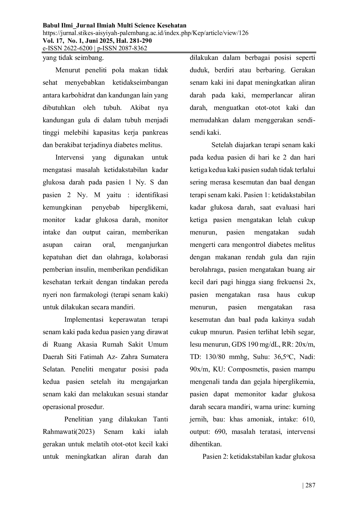 JURIS Penerapan Terapi Senam Kaki pada Pasien Lansia yang Mengalami Diabetes Melitus dengan Masalah Keperawatan Hiperglikemi